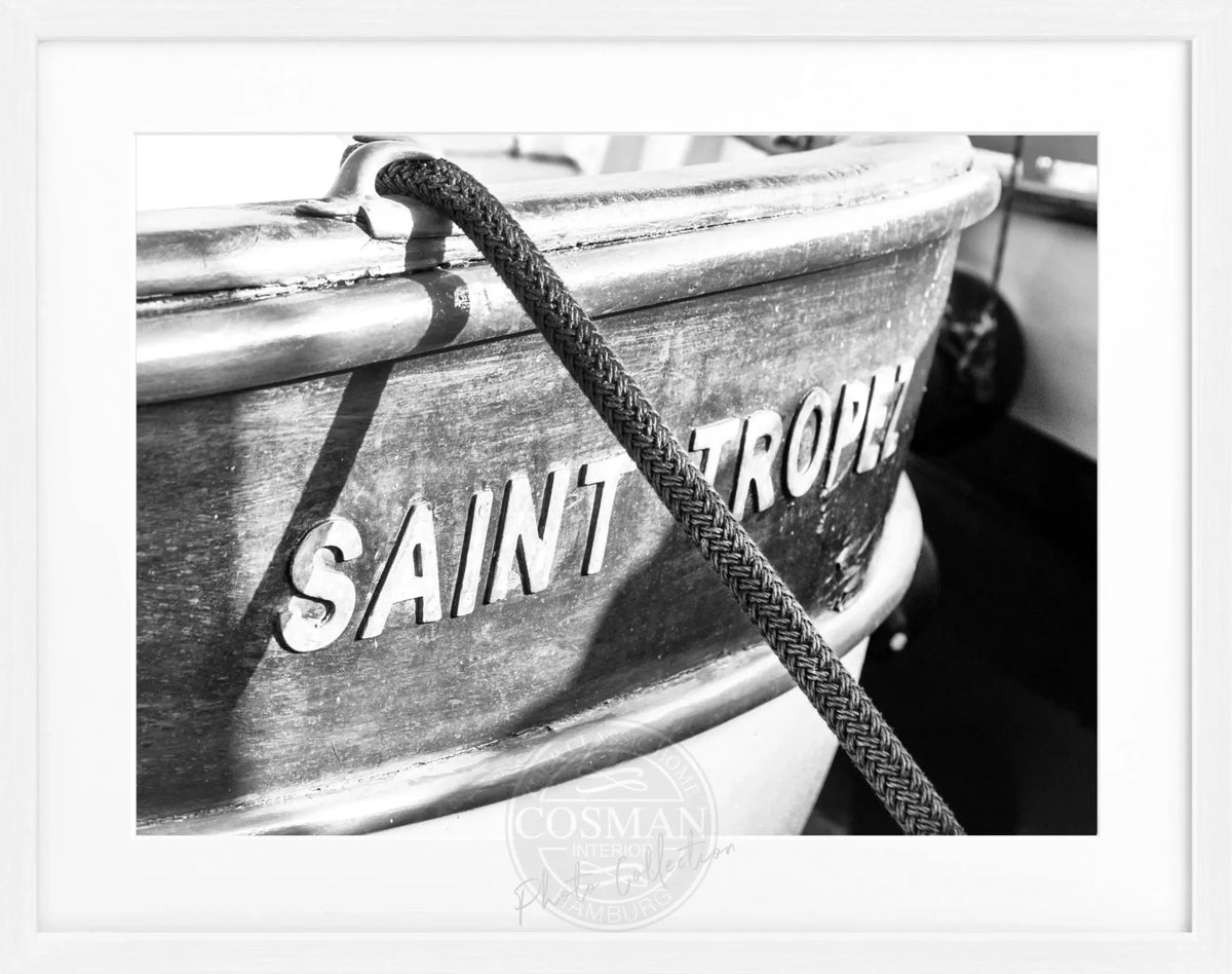 Schwarzer und weißer Poster mit Rahmen, Boot-Motiv in Saint Tropez, von Cosman-Photocollection, 31x25 cm, schwarz-weiß.