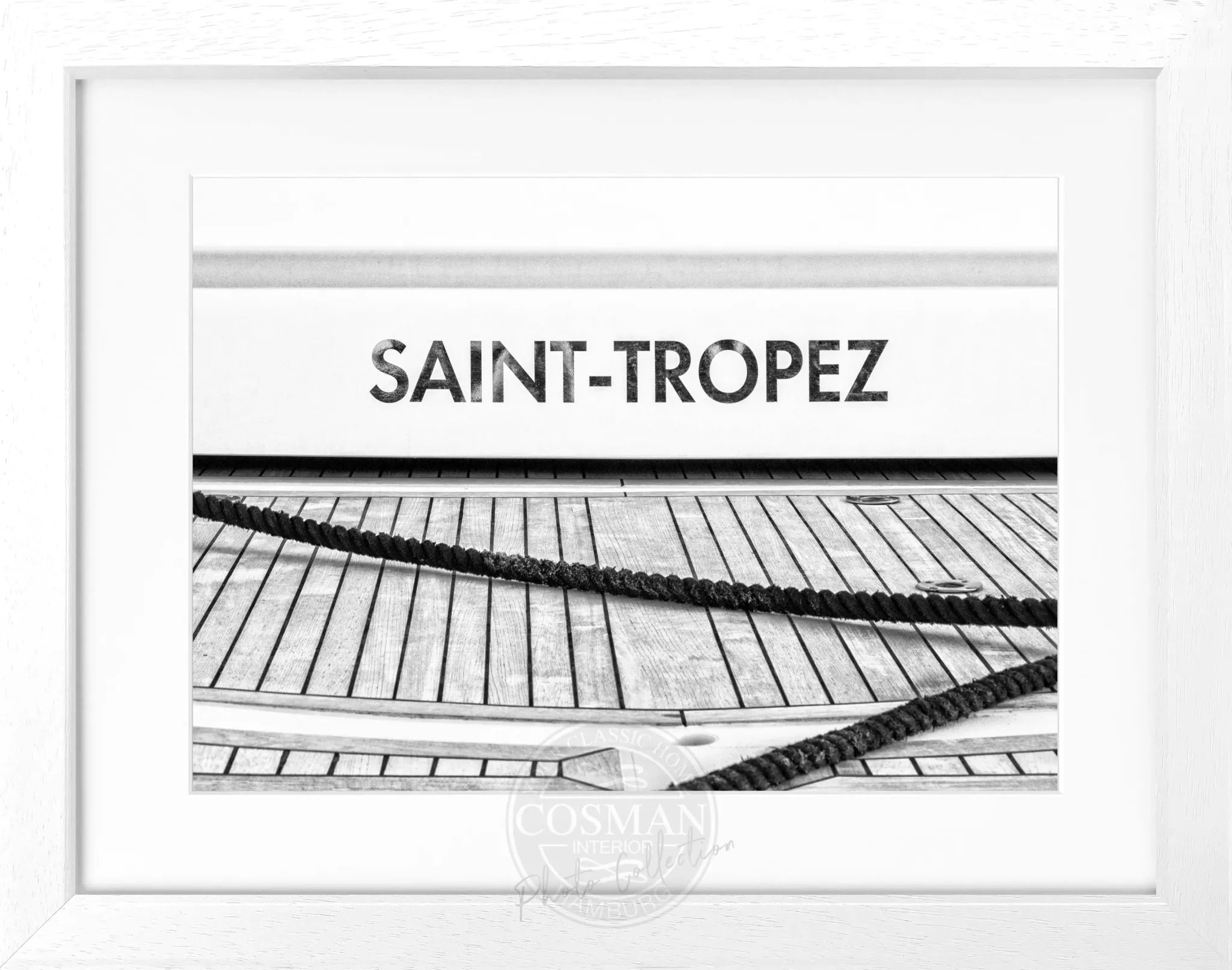 Schwarz-weiß Poster mit Rahmen, Boot-Motiv in Saint Tropez, von Cosman-Photocollection, 31x25 cm, Wanddekoration