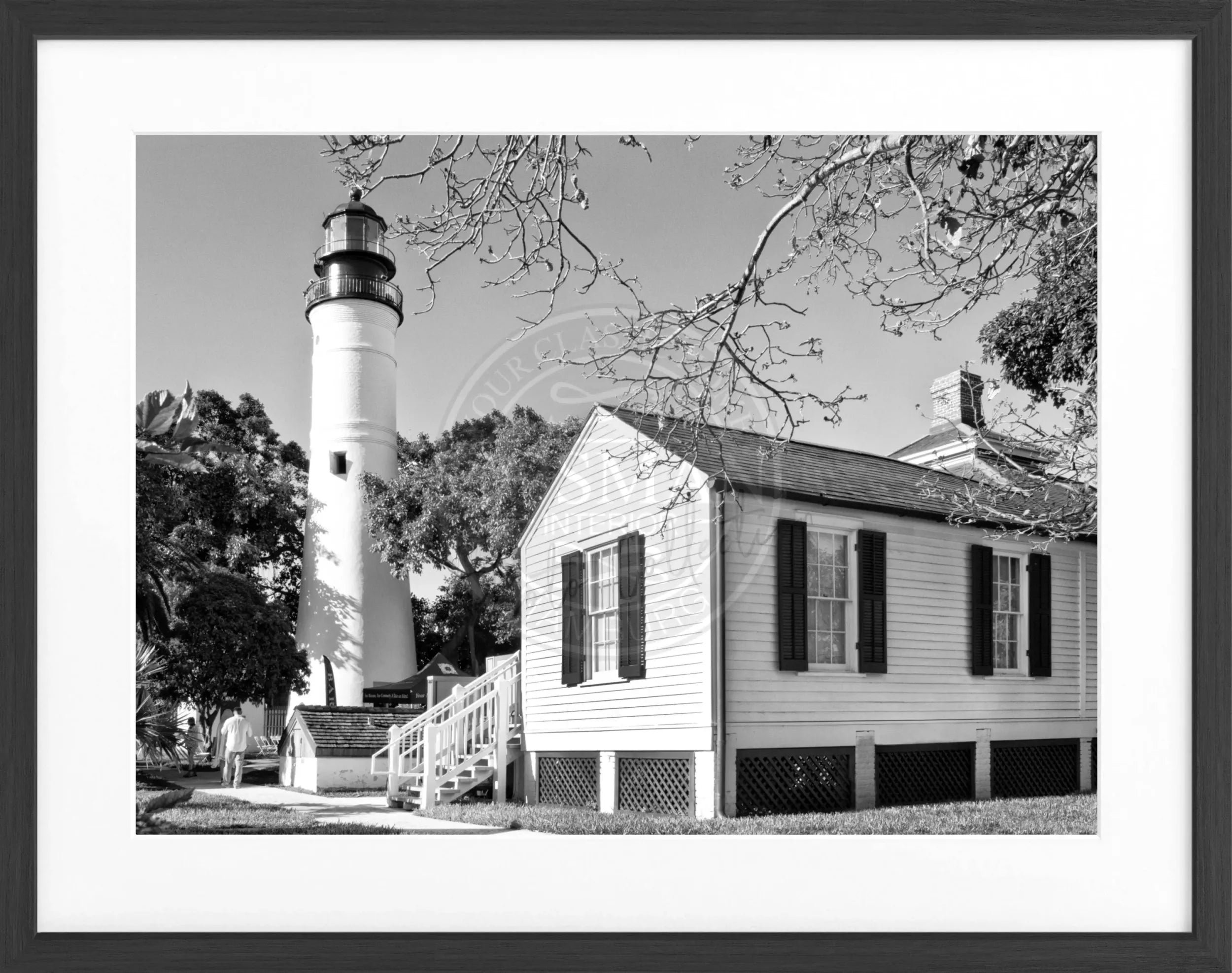 Schwarz-weiß Poster mit Rahmen von Cosman-Photocollection, Florida Key West Leuchtturm, 31x25 cm, Wanddekoration