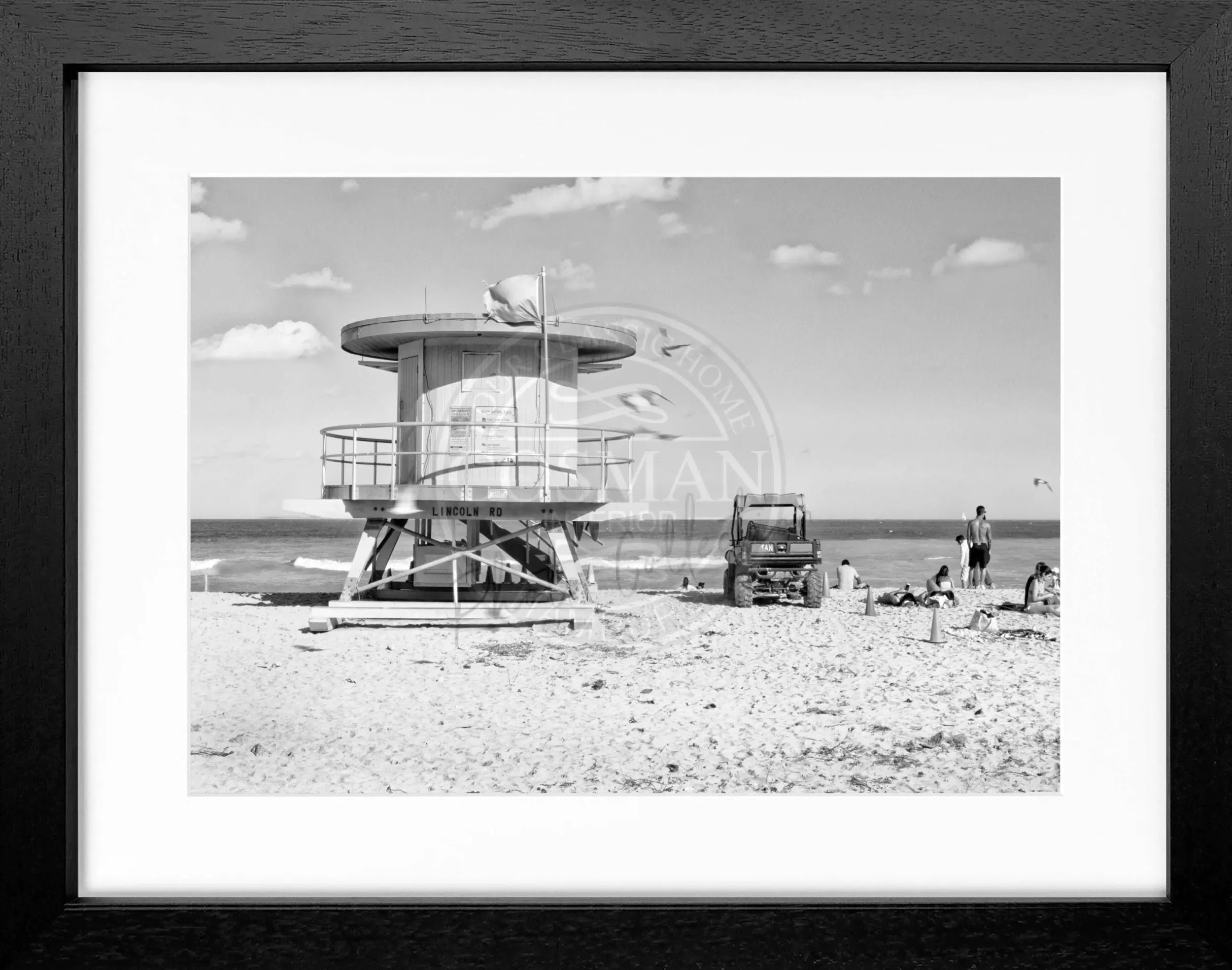 Schwarz-weiß Poster von Miami Beach Florida in schwarzem Rahmen, ca. 31x25 cm, von Cosman-Photocollection.