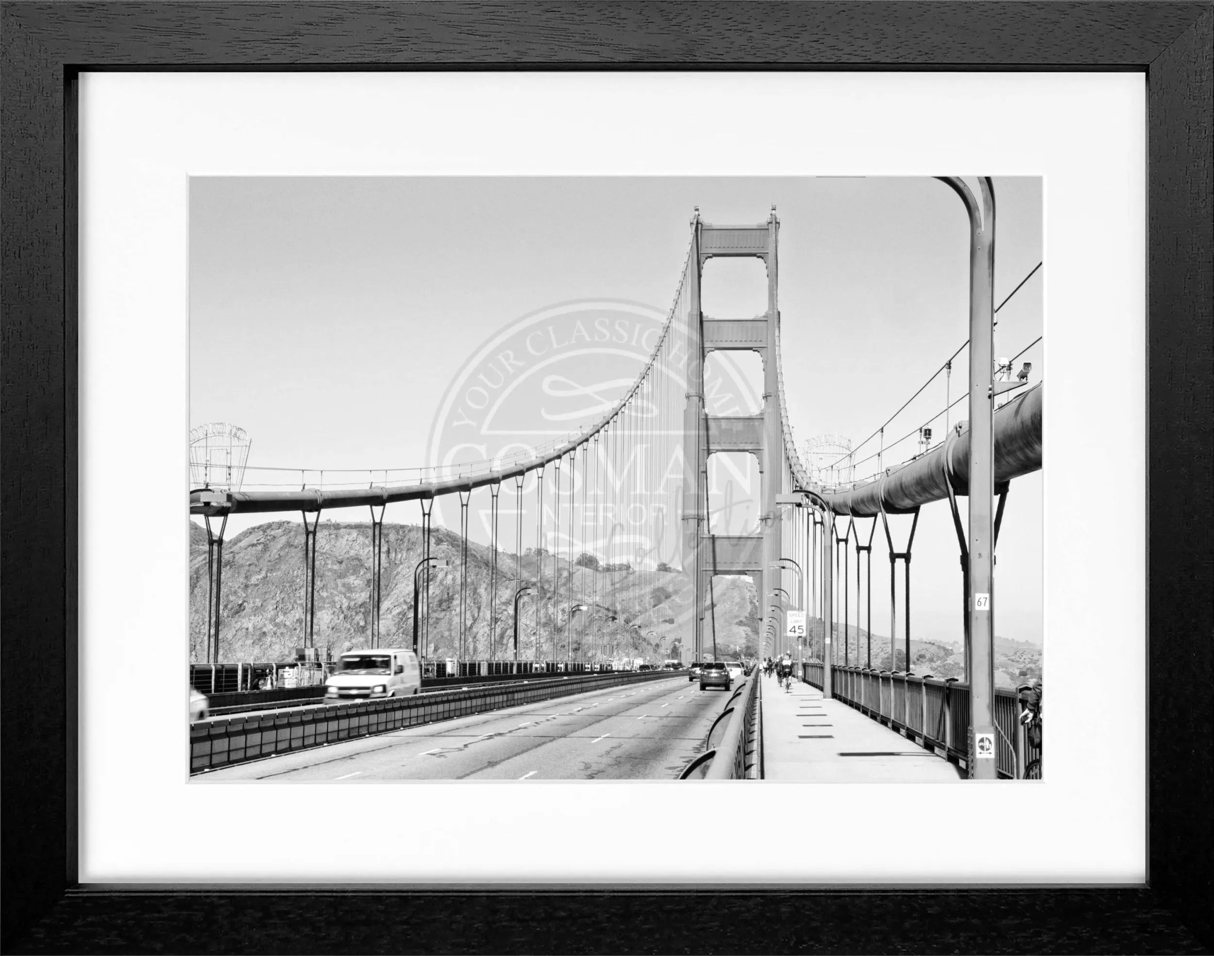 Schwarz-weiß Poster mit Rahmen von der Golden Gate Bridge in San Francisco, von Cosman-Photocollection, 31x25 cm
