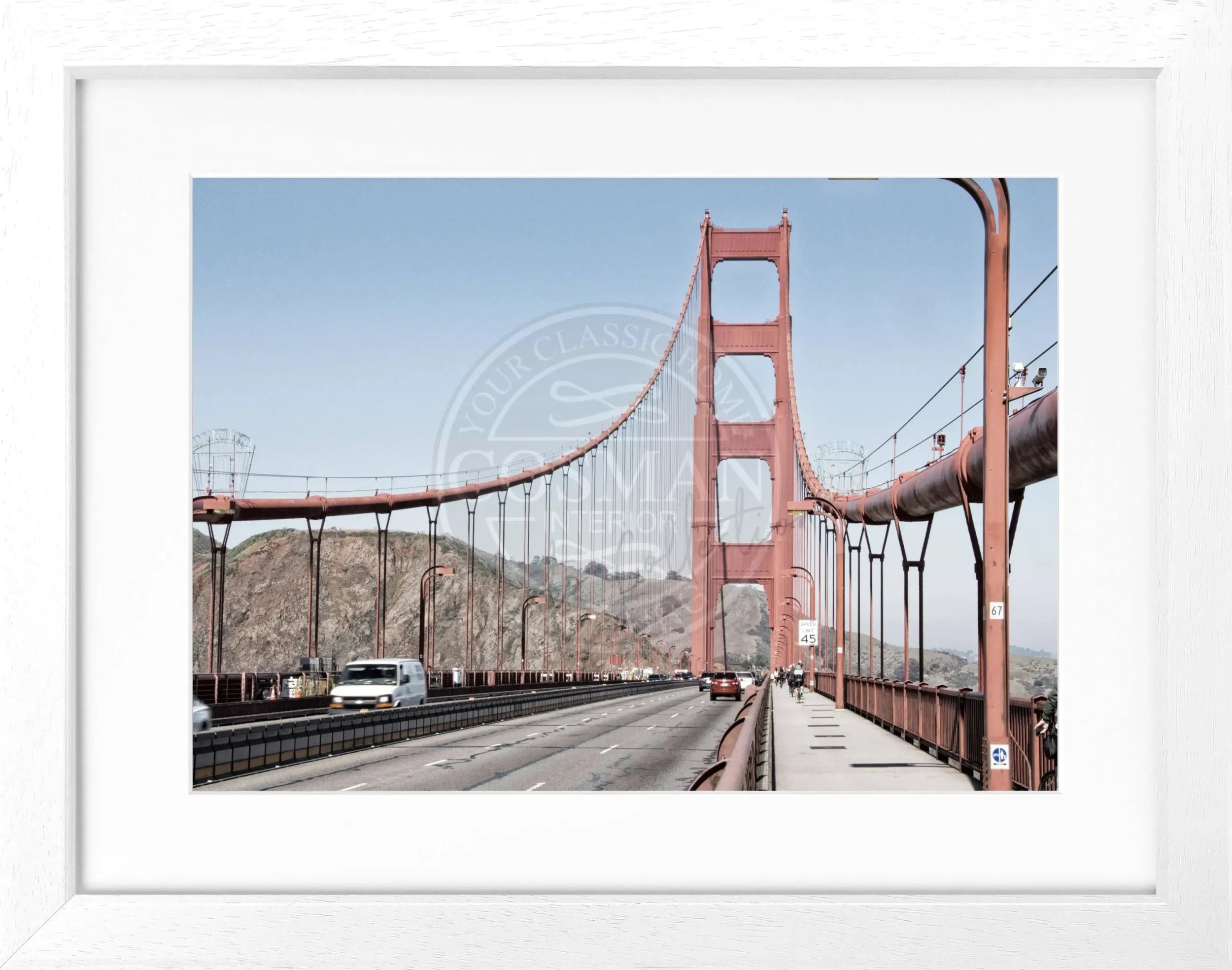 Schwarz-weiß Poster mit Rahmen, Golden Gate Bridge in San Francisco, von Cosman-Photocollection, 31x25 cm