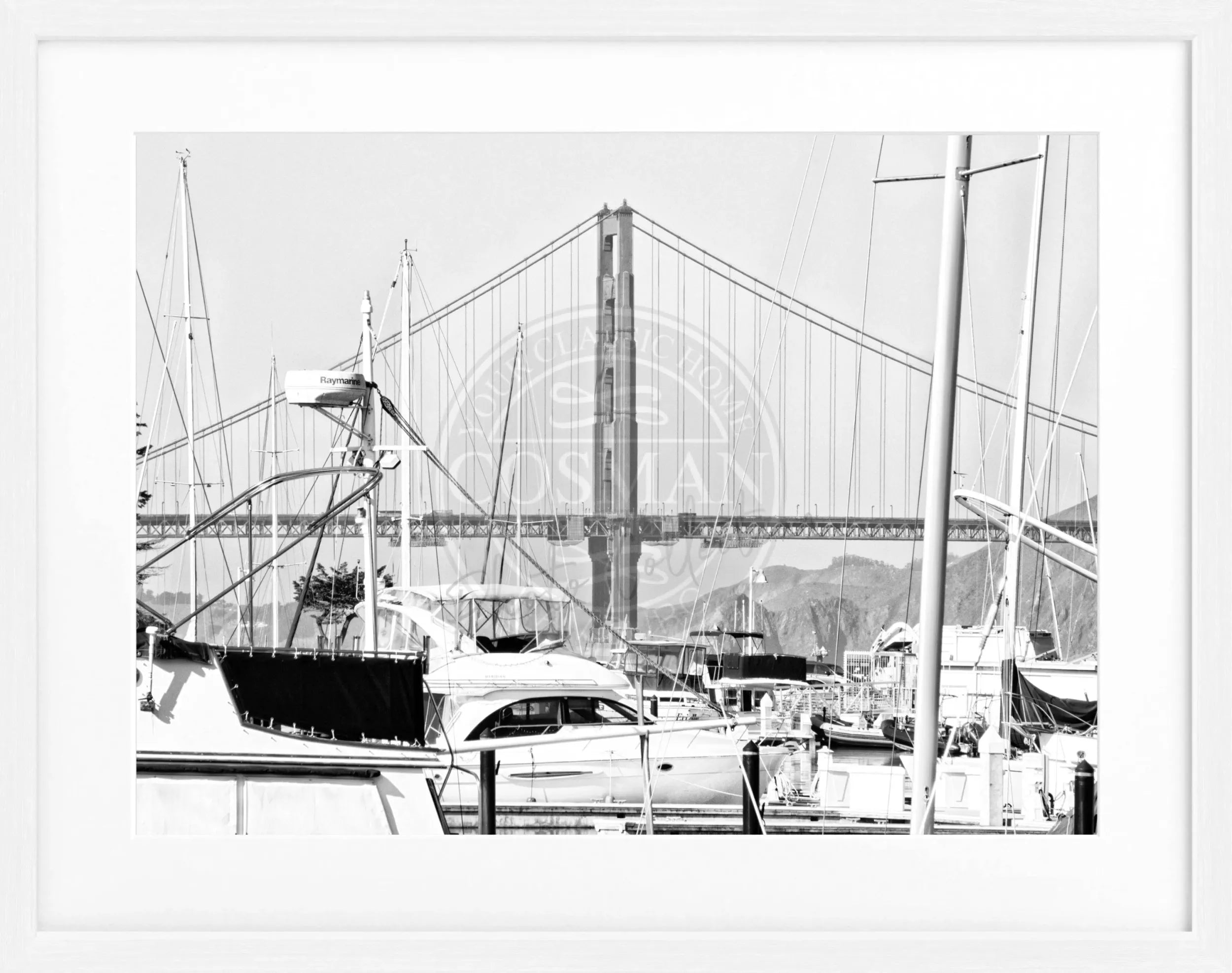 Schwarz-weiß Poster mit Rahmen von der Golden Gate Bridge in San Francisco, von Cosman-Photocollection, 31x25 cm