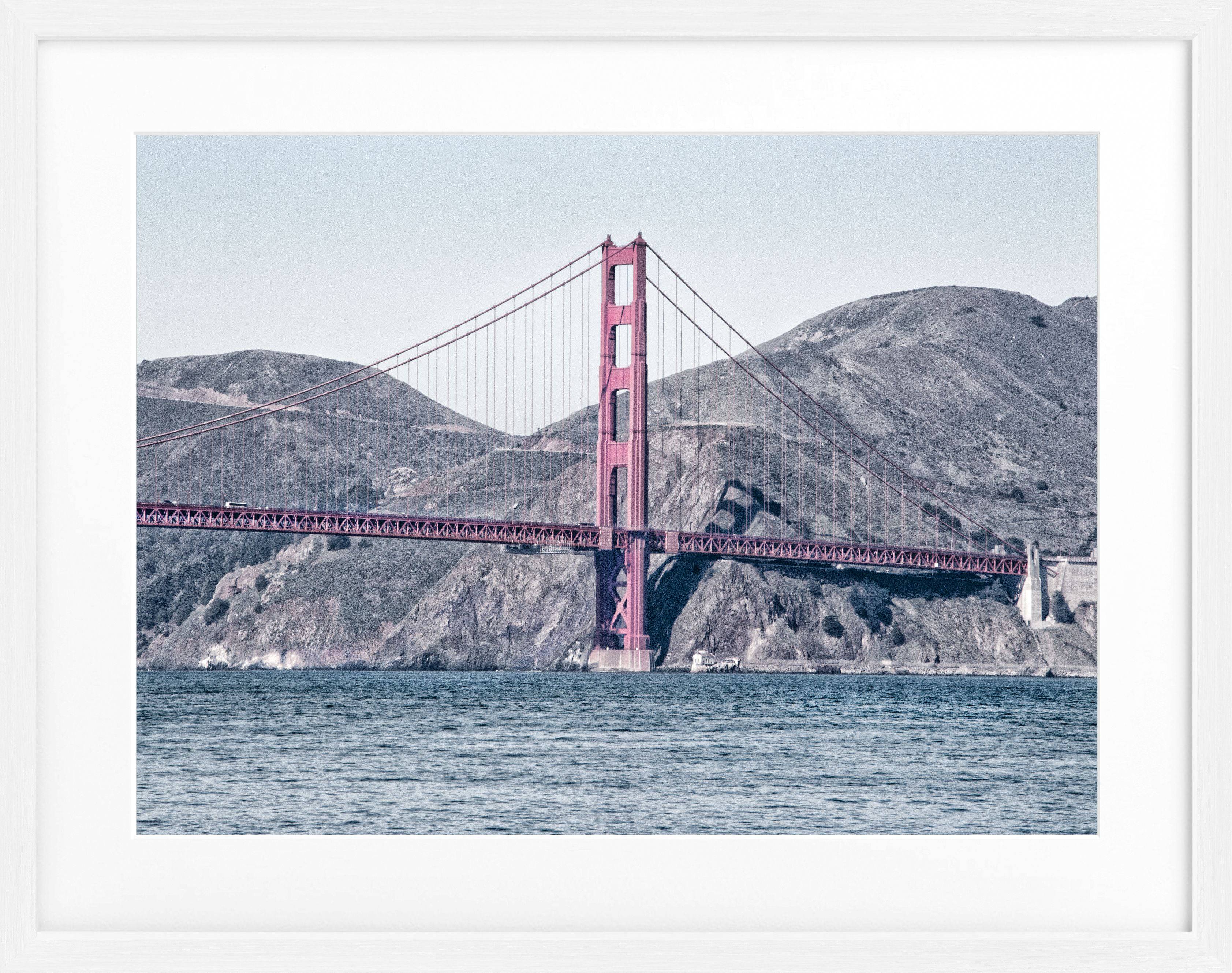 Schwarz-weiß Poster der Golden Gate Bridge in Rahmen, von Cosman-Photocollection, 31x25 cm, San Francisco Sehenswürdigkeit