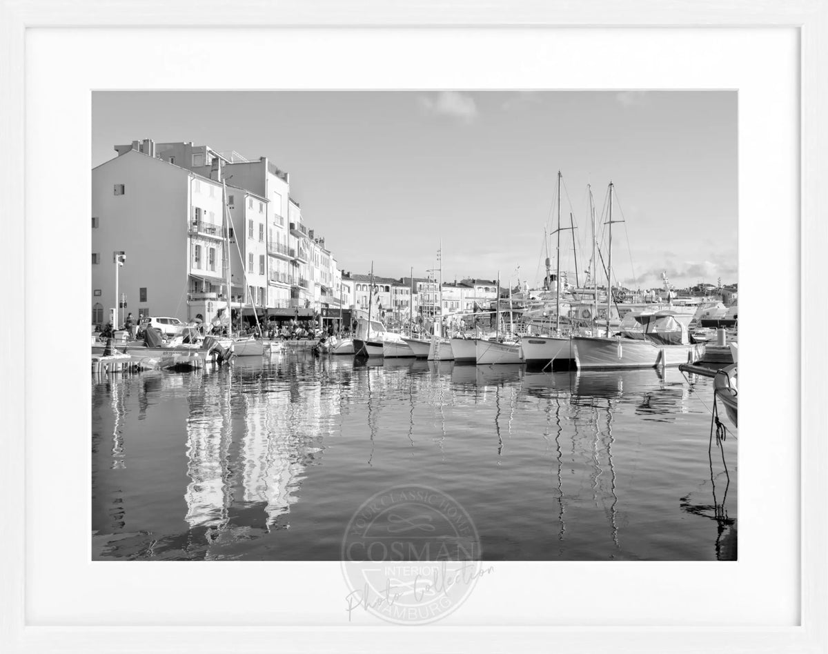 Schwarz-weiß Poster mit Rahmen, Motiv Hafen Saint Tropez, von Cosman-Photocollection, 31x25 cm, Wandbild für maritime Dekoration