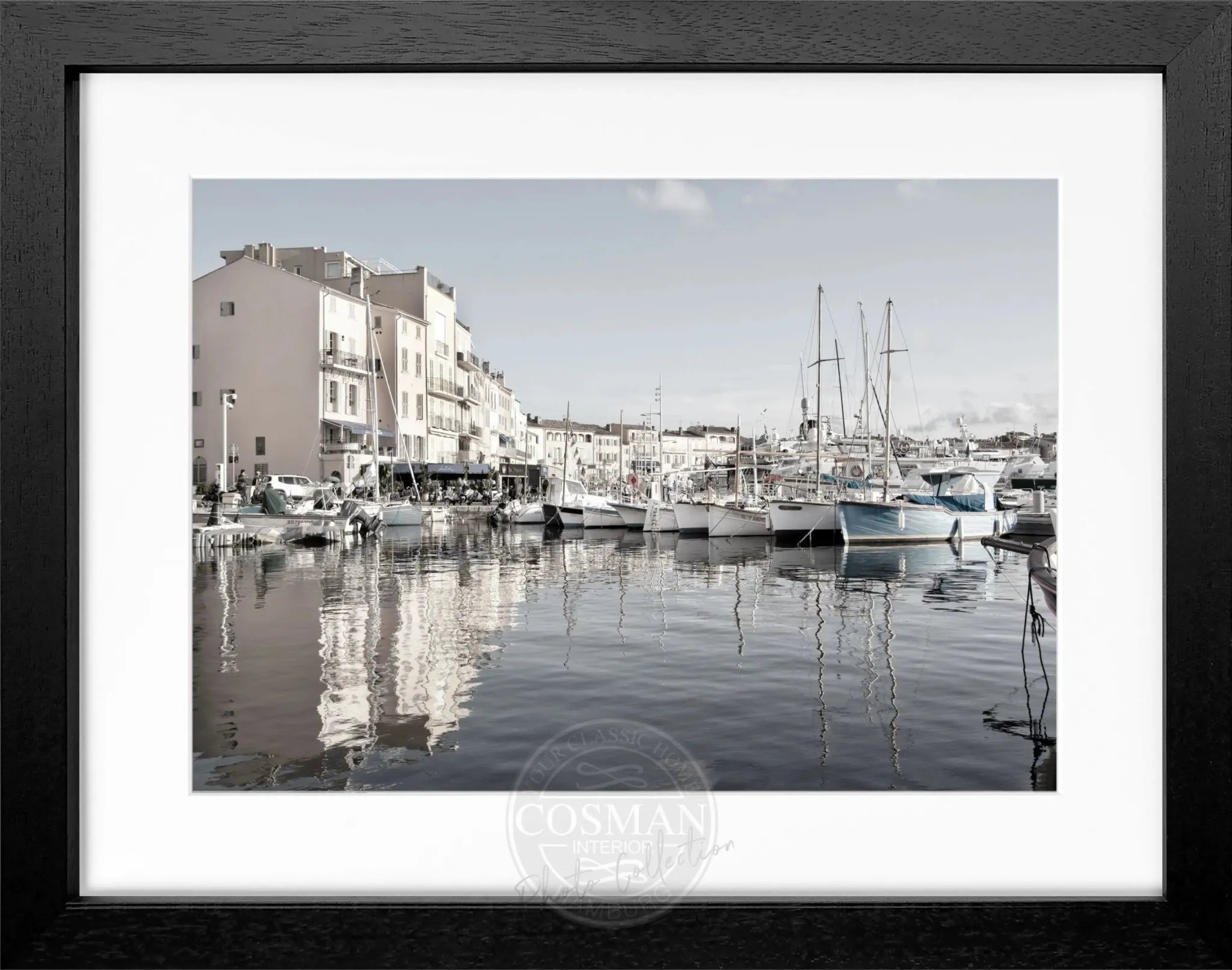 Schwarz-weiß Poster mit Rahmen, Hafen von Saint Tropez, Cosman-Photocollection, 31x25cm, maritime Wanddekoration