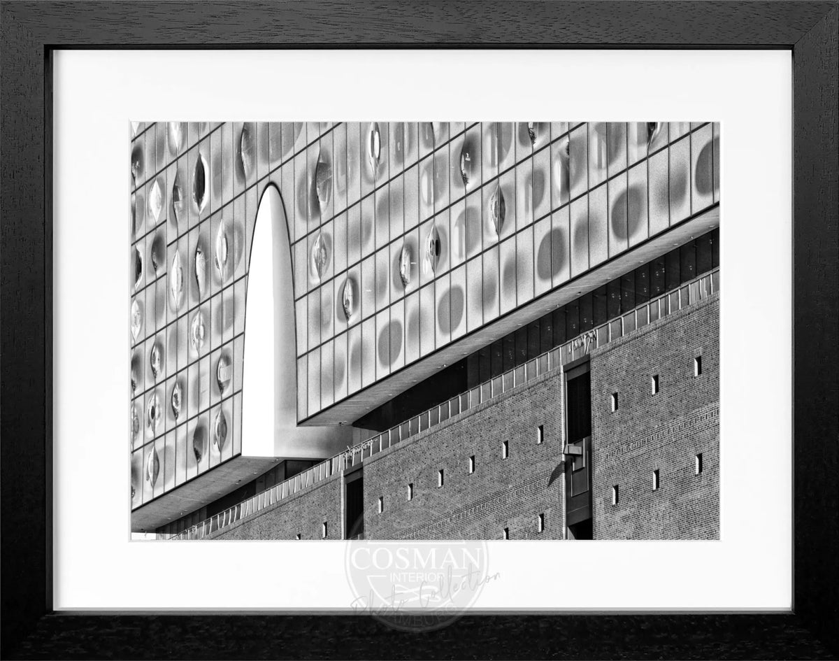 Schwarz-weiß Poster mit Rahmen von Cosman-Photocollection, Hamburg Elphi, 31x25 cm, kunstvolle Stadtansicht