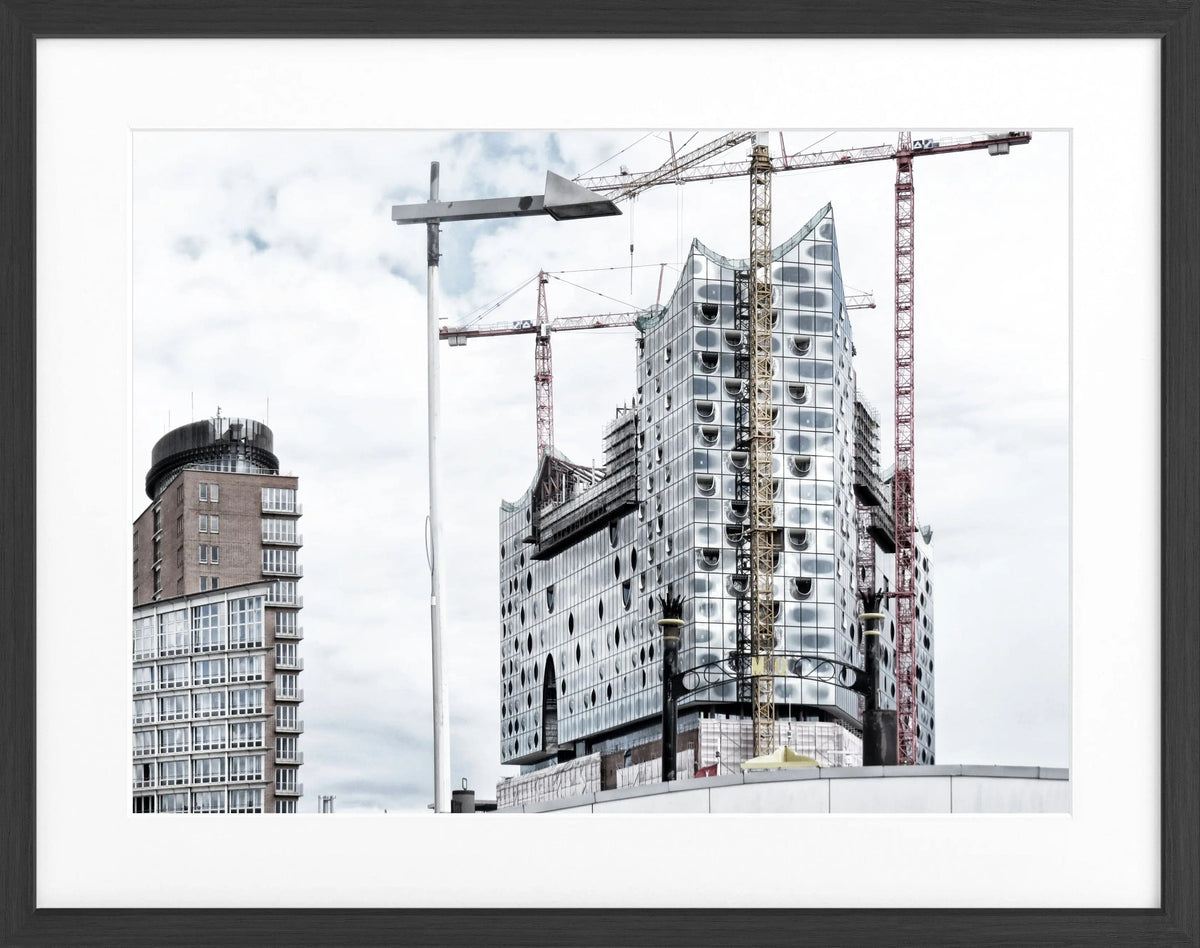 Schwarz-weiß Poster mit Rahmen, Hamburg Elphi, von Cosman-Photocollection, 31x25cm, Wanddekoration, Architekturmotiv