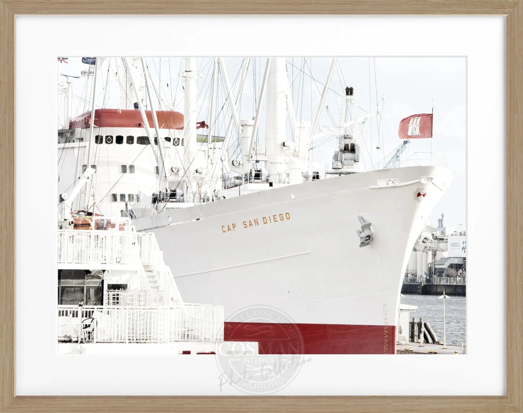 Schwarz-weiß Poster mit Rahmen, Hamburg Hafen mit Cap San Diego, von Cosman-Photocollection, 31x25 cm, maritime Szene