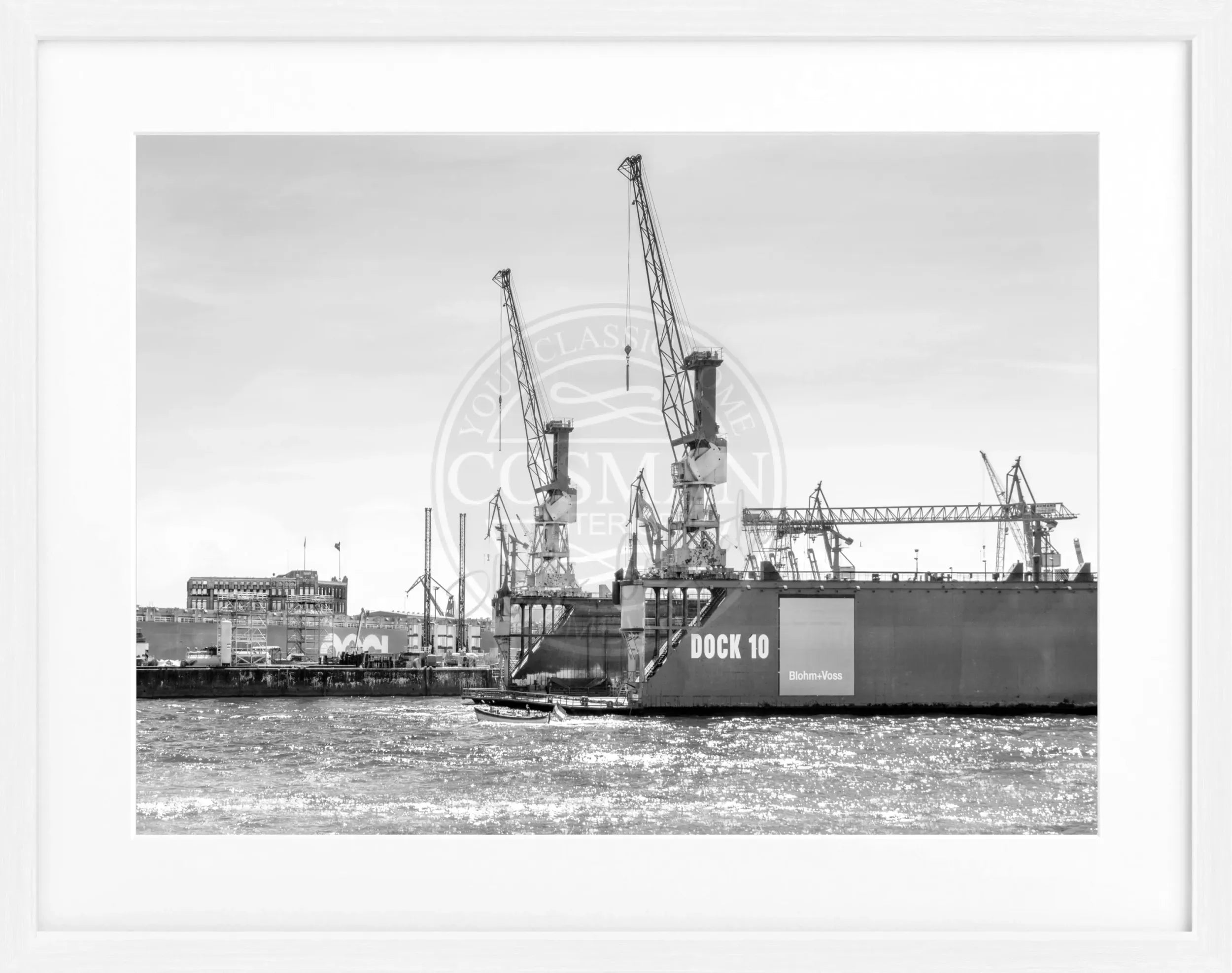 Schwarz-Weiß-Poster mit Rahmen, Hamburg Hafen Dock 10, Cosman-Photocollection, 31x25cm, maritime Stadtansicht
