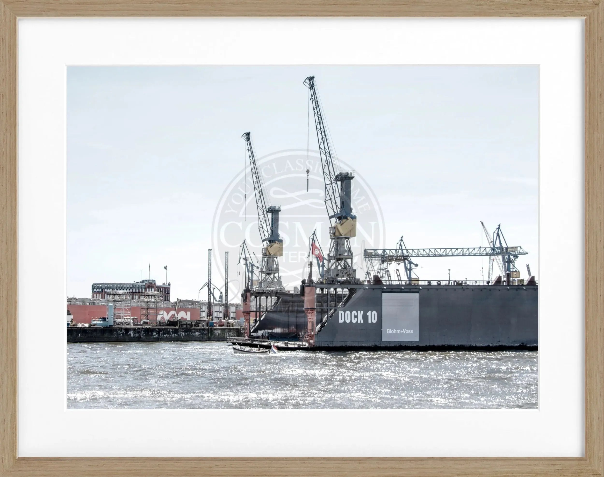 Schwarz-weiß Poster mit Rahmen, Hamburg Hafen Dock 10, von Cosman-Photocollection, 31x25 cm, maritimes Hafenmotiv