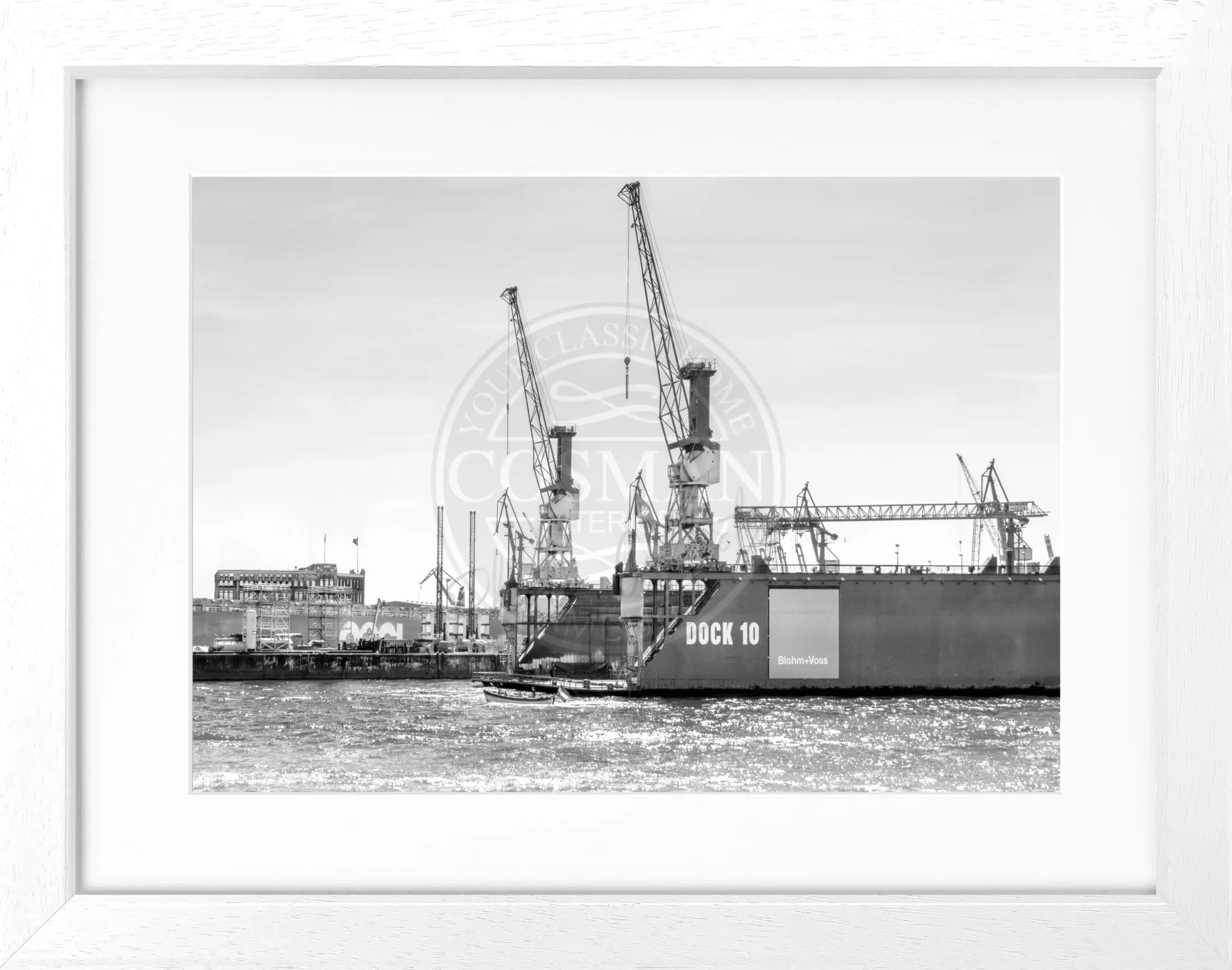Schwarz-weiß Hamburg Hafen Poster mit Rahmen, Dock 10 Motiv, von Cosman-Photocollection, 31x25 cm