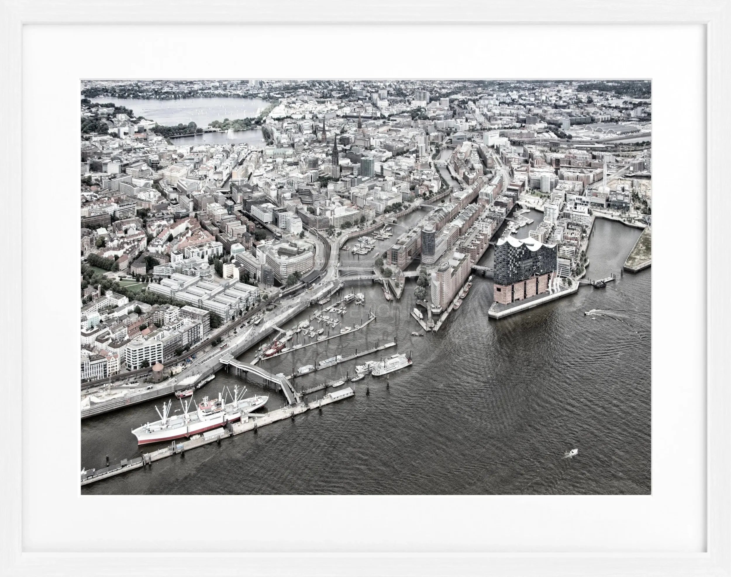 Schwarz-weiß Hamburg Hafen Poster mit Rahmen, 31x25cm, von Cosman-Photocollection, maritime Stadtansicht