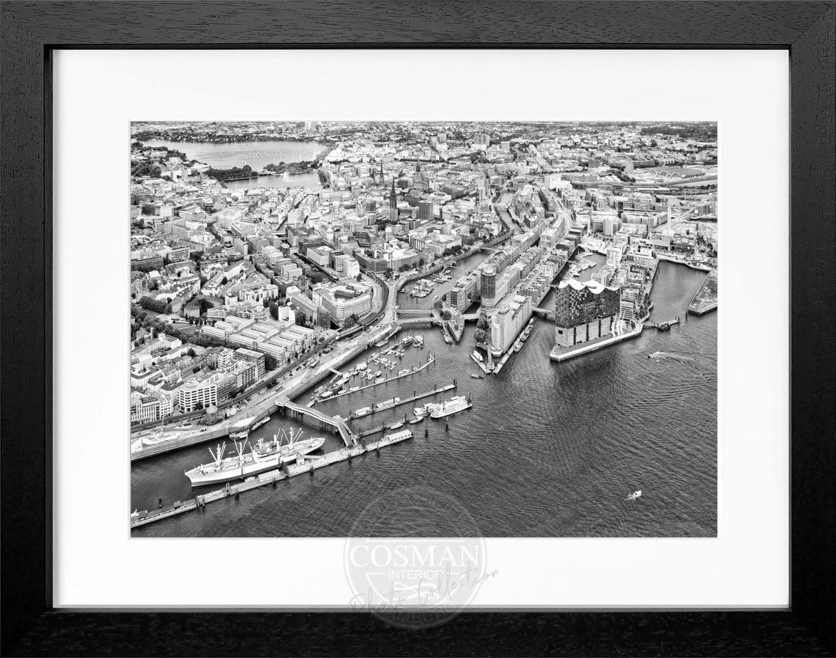 Schwarzweißer Hamburg Hafen Poster mit Rahmen, von Cosman-Photocollection, 31x25 cm, maritimes Motiv, Wanddekoration