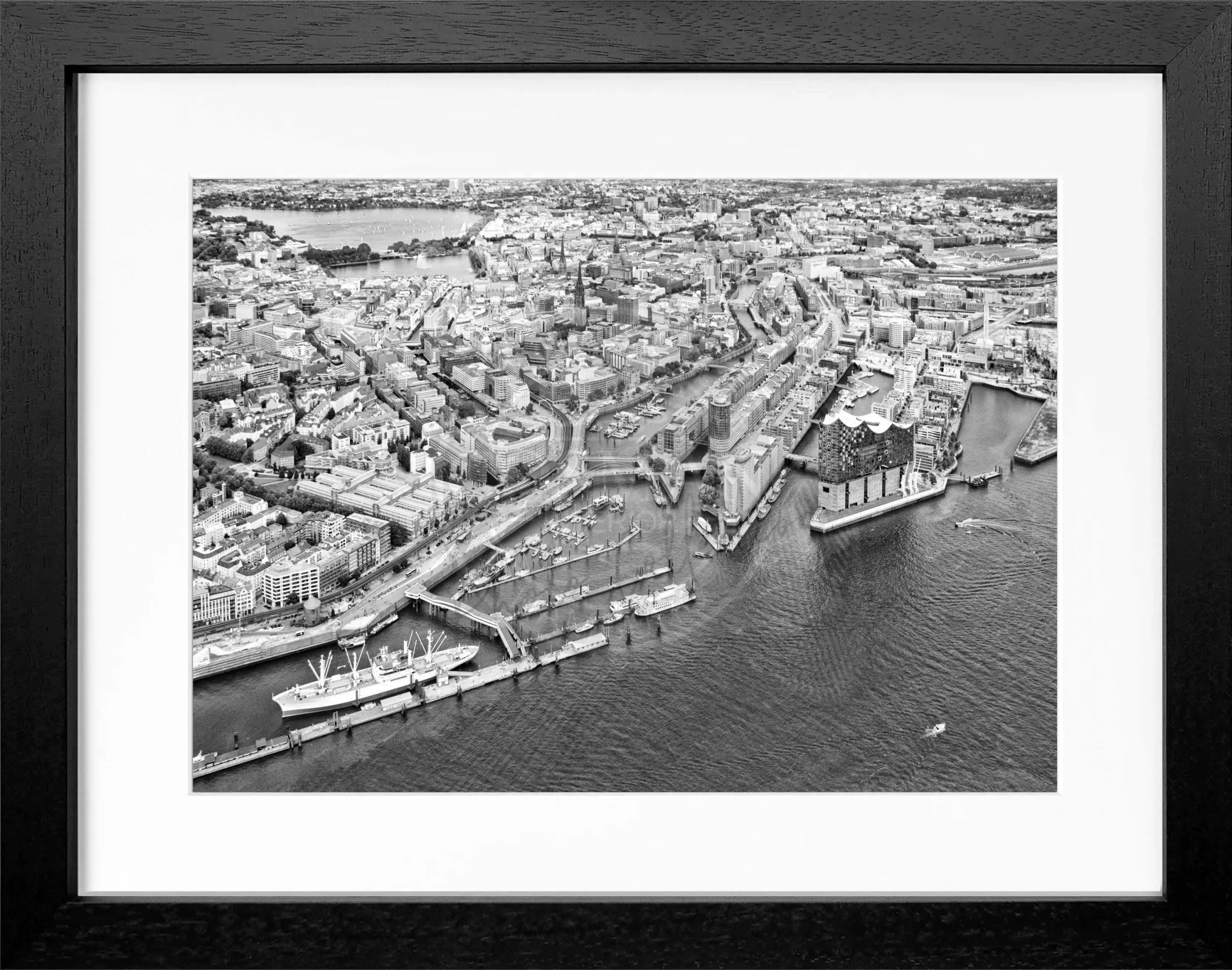 Schwarzweißer Hamburg Hafen Poster mit Rahmen, von Cosman-Photocollection, 31x25 cm, maritimes Motiv, Wanddekoration