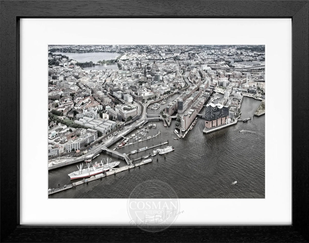 Schwarz-weiß Poster mit Rahmen, Hamburg Hafen Motiv, 31x25 cm, von Cosman-Photocollection