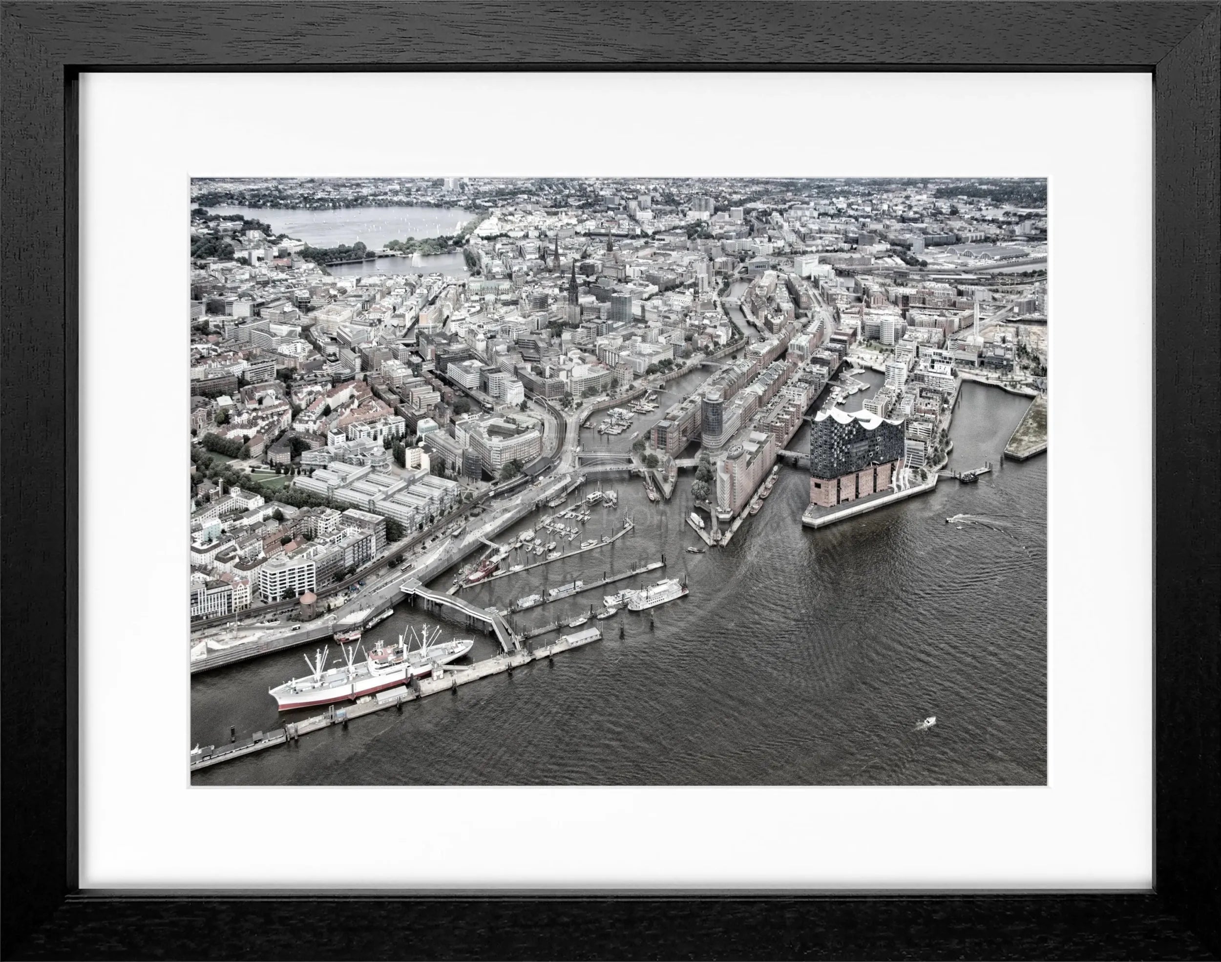 Schwarz-weiß Poster mit Rahmen, Hamburg Hafen Motiv, 31x25 cm, von Cosman-Photocollection