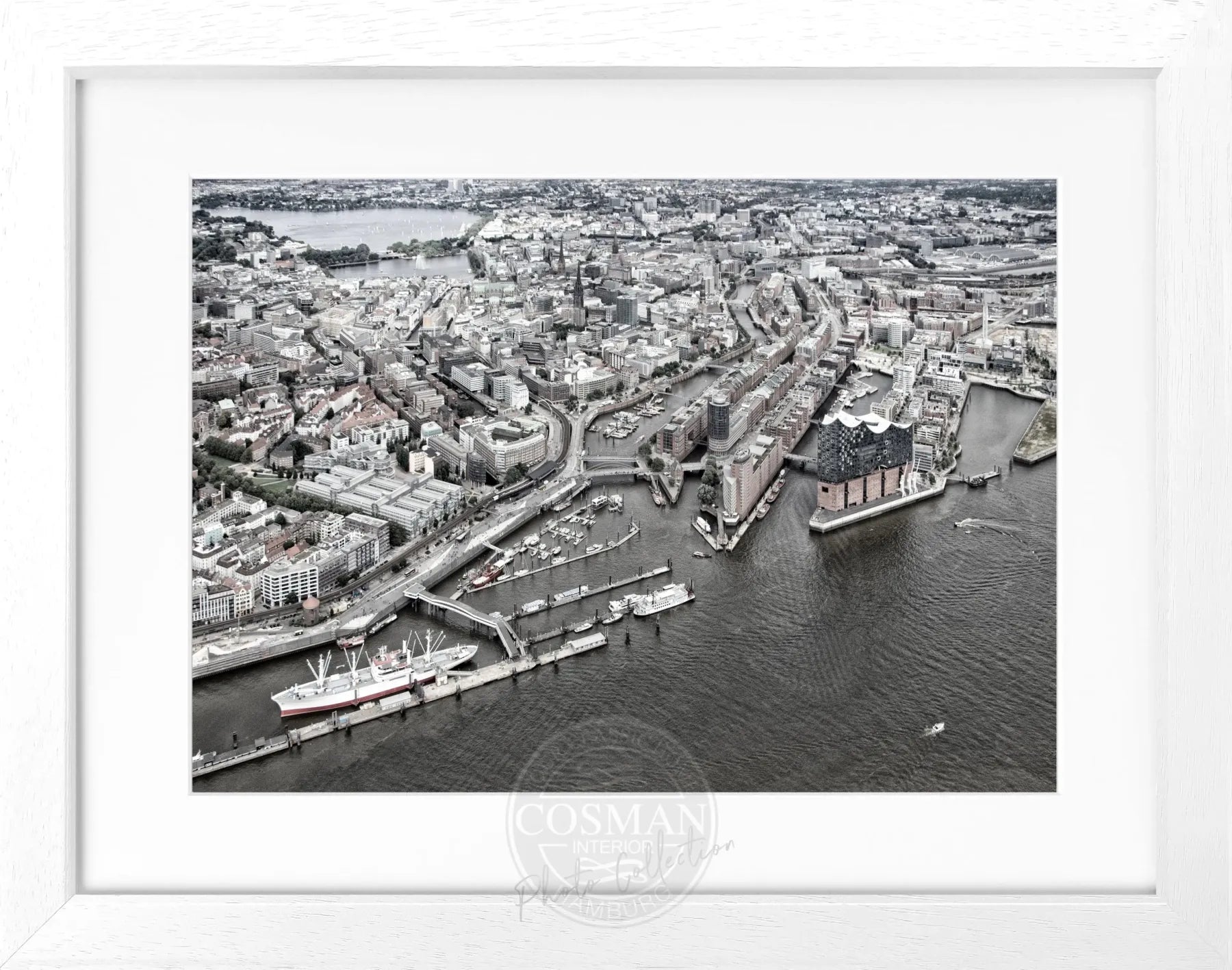 Schwarz-weiß Poster mit Rahmen von Cosman-Photocollection, Hamburg Hafen Motiv, 31x25 cm, hochwertiges Wandbild