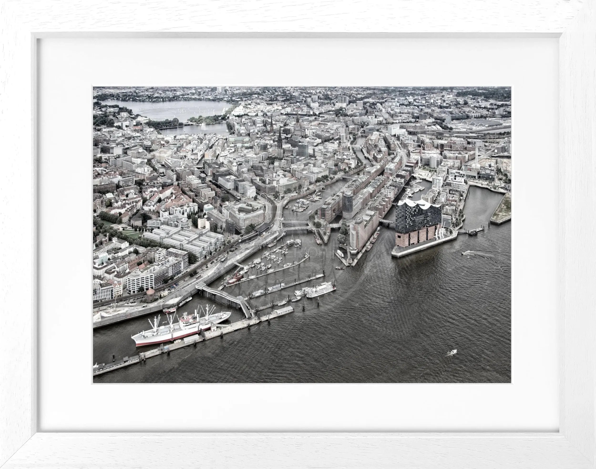 Schwarz-weiß Poster mit Rahmen von Cosman-Photocollection, Hamburg Hafen Motiv, 31x25 cm, hochwertiges Wandbild