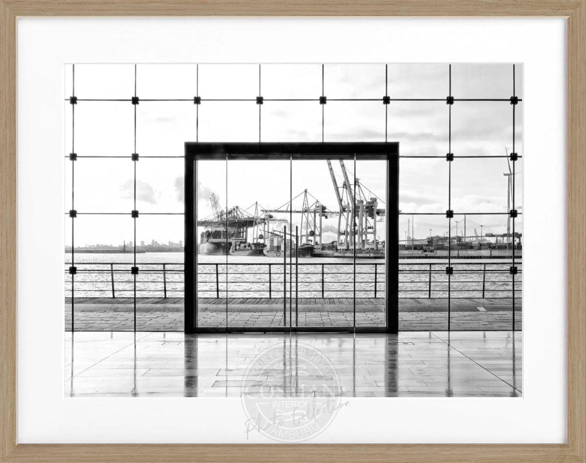 Schwarz-weißes Hamburg Hafen Poster mit Rahmen von Cosman-Photocollection, 31x25 cm, urbanes Hafenmotiv, stilvolle Wanddekoration