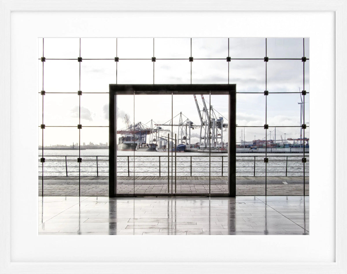 Schwarz-weißes Hamburg Hafen Poster mit Rahmen von Cosman-Photocollection, 31x25cm, dekoratives Wandbild