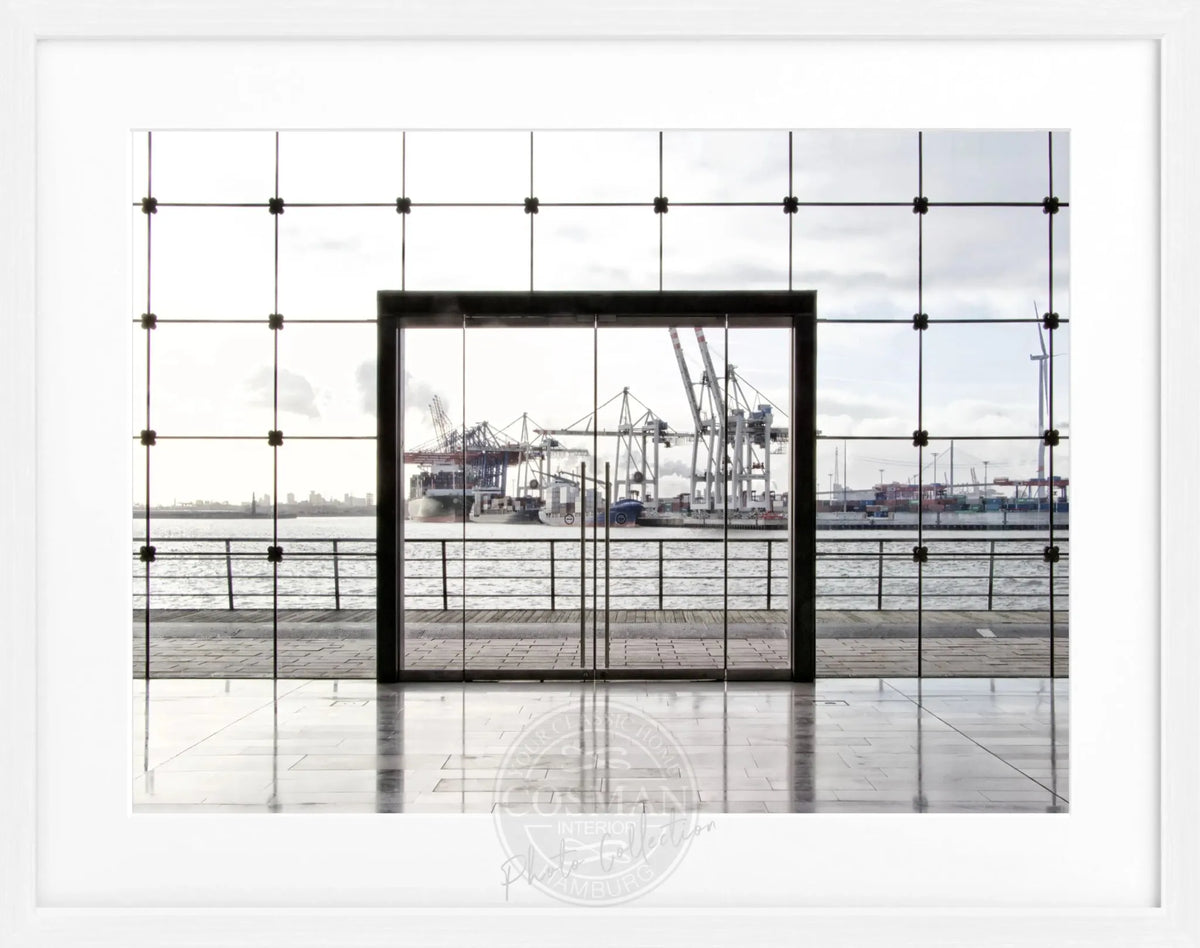 Schwarz-weißes Hamburg Hafen Poster mit Rahmen von Cosman-Photocollection, 31x25cm, dekoratives Wandbild