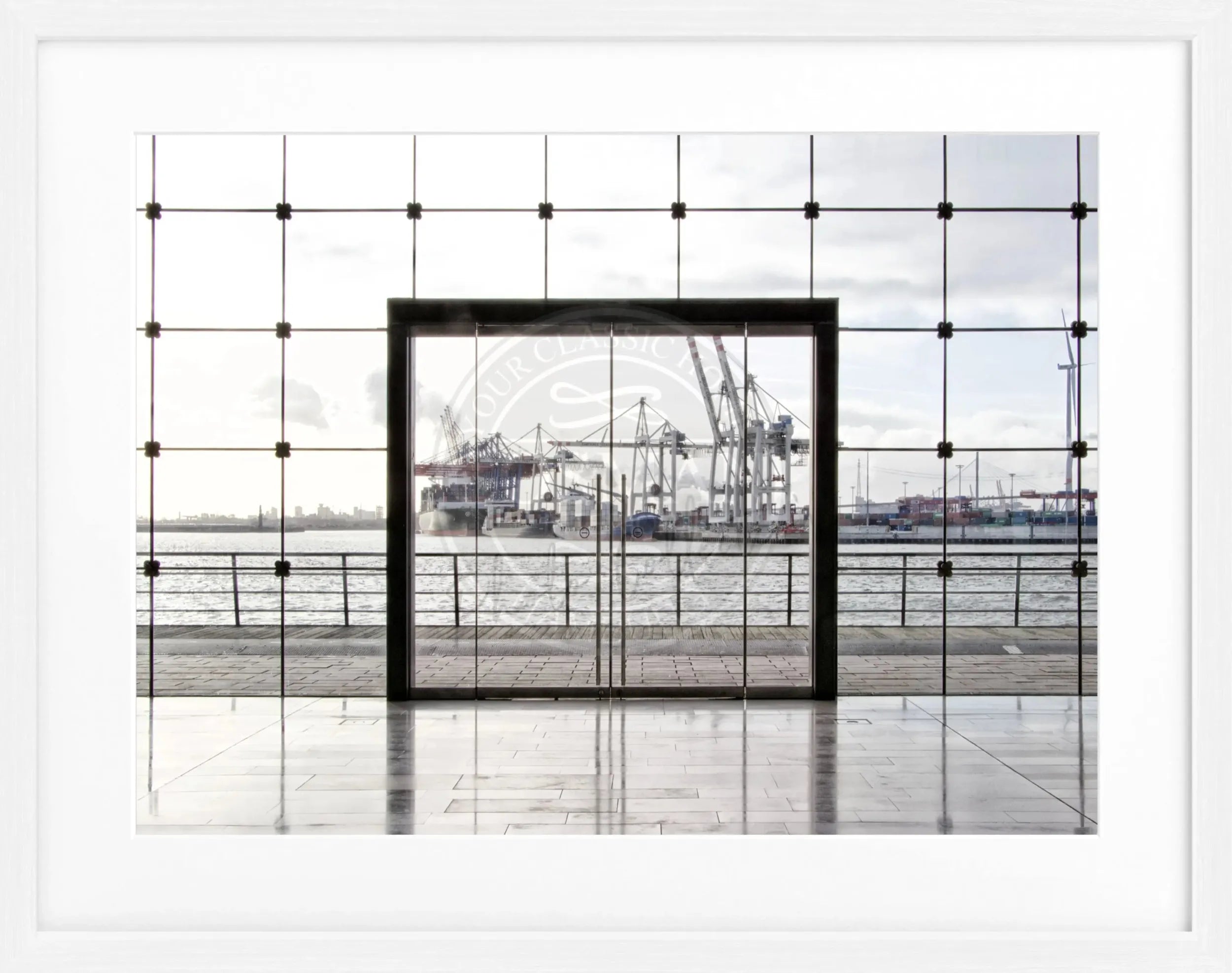 Schwarz-weißes Hamburg Hafen Poster mit Rahmen von Cosman-Photocollection, 31x25cm, dekoratives Wandbild