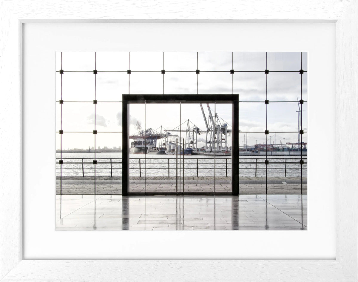 Schwarz-weiß Poster mit Rahmen, Hamburg Hafen, Cosman-Photocollection, 31x25cm, maritime Stadtansicht