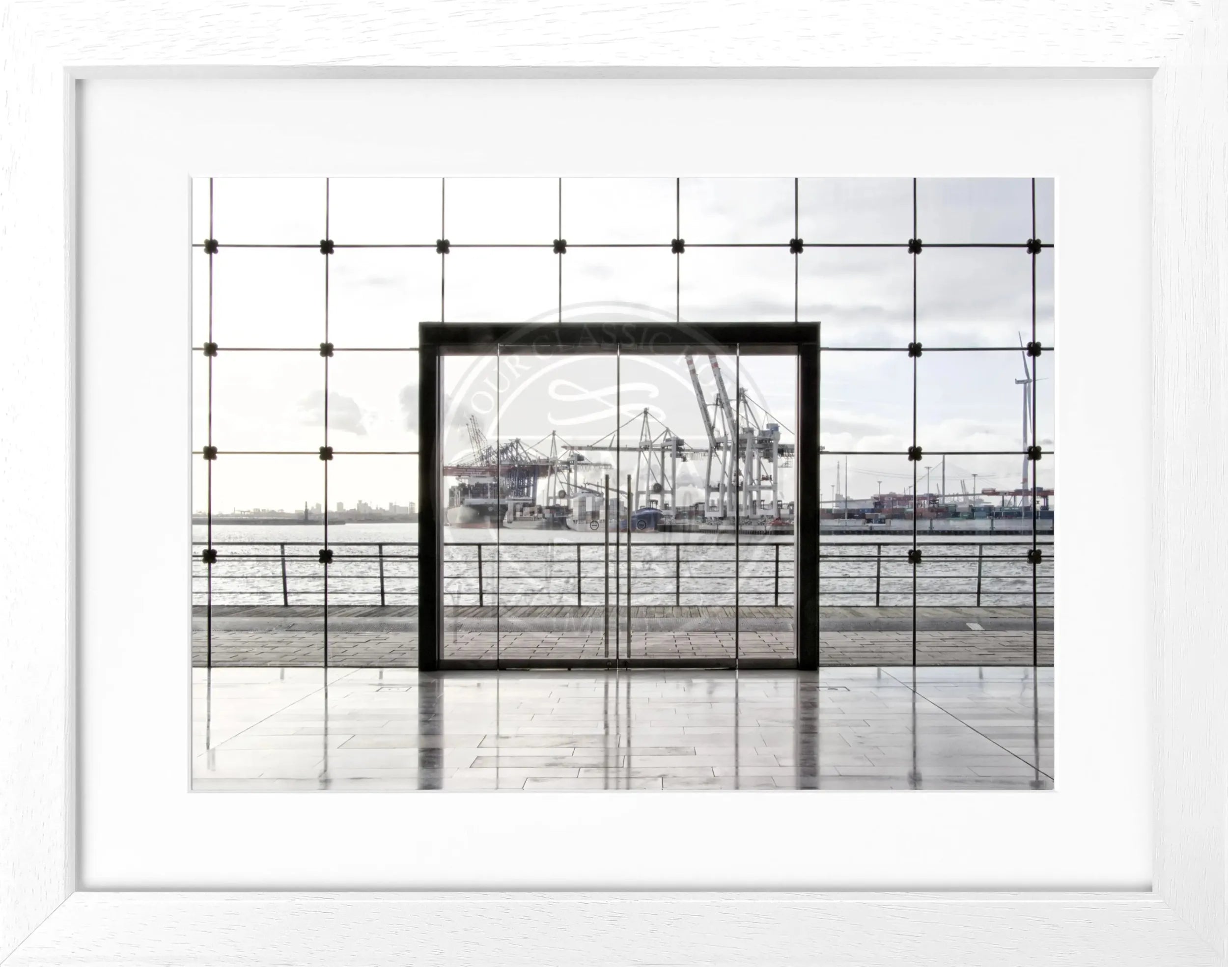 Schwarz-weiß Poster mit Rahmen, Hamburg Hafen, Cosman-Photocollection, 31x25cm, maritime Stadtansicht