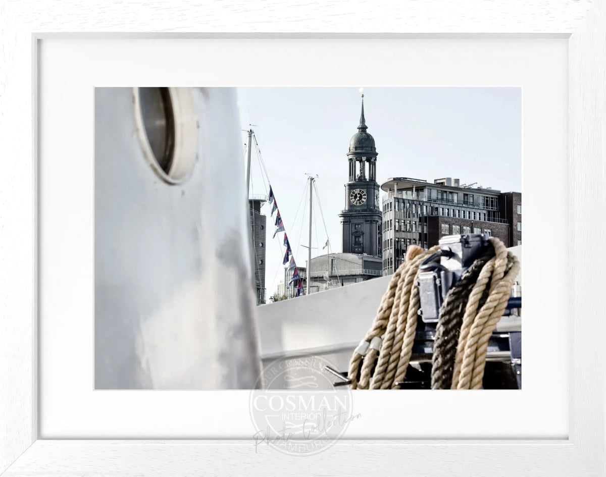 Schwarz-weiß Poster mit Rahmen von Cosman-Photocollection, Hamburg Michel, Motiv Hamburg, 31x25 cm, Wanddekoration