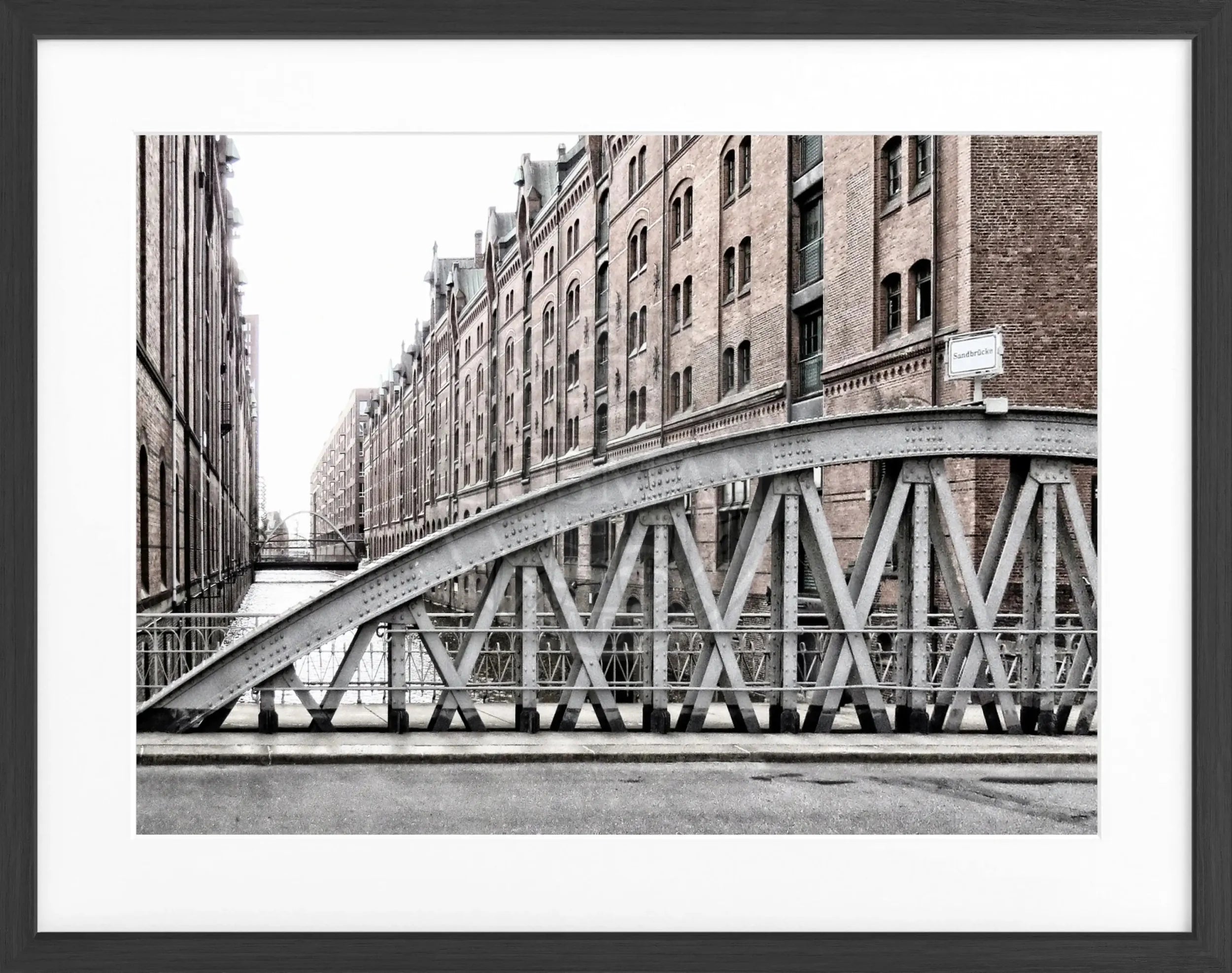 Schwarz-weiß Poster mit Rahmen, Hamburg Speicherstadt, von Cosman-Photocollection, 31x25 cm, Wanddekoration