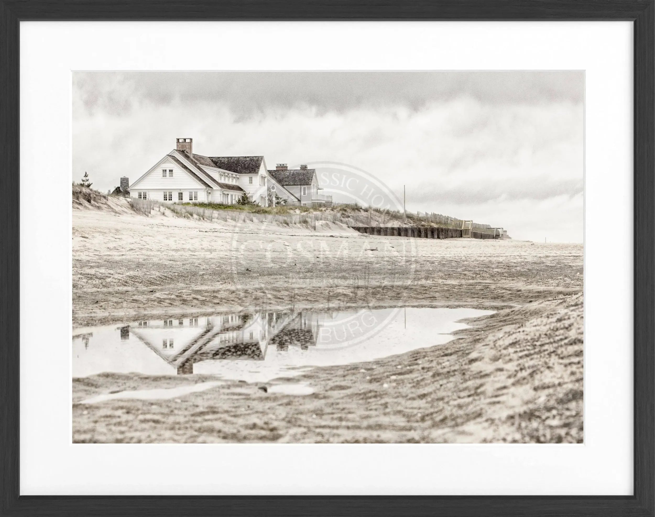 Schwarz-weiß Poster mit Rahmen, Hamptons Long Island ’Beach House’, von Cosman-Photocollection, 31x25 cm, dekoratives Wandbild