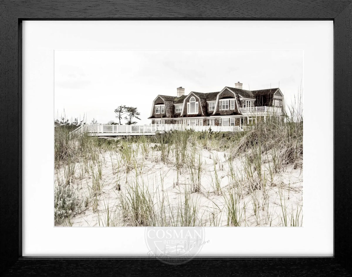 Schwarz-weiß Poster mit Rahmen, Hamptons Long Island 'Beach House', von Cosman-Photocollection, 31x25cm, dekoratives Wandbild