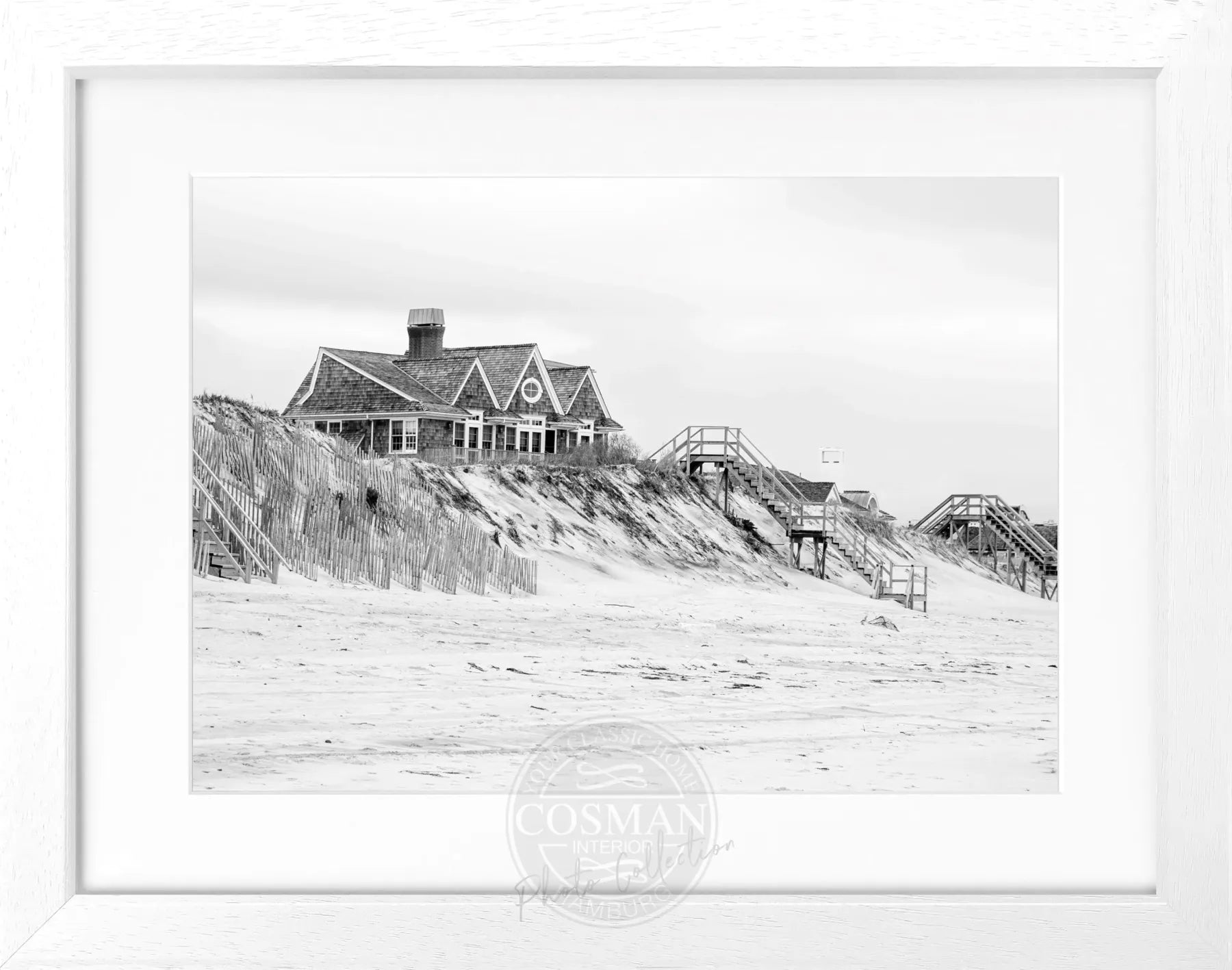 Schwarz-weiß Poster mit Rahmen, Hamptons Long Island „Beach House“, von Cosman-Photocollection, 31x25cm, dekoratives Wandbild