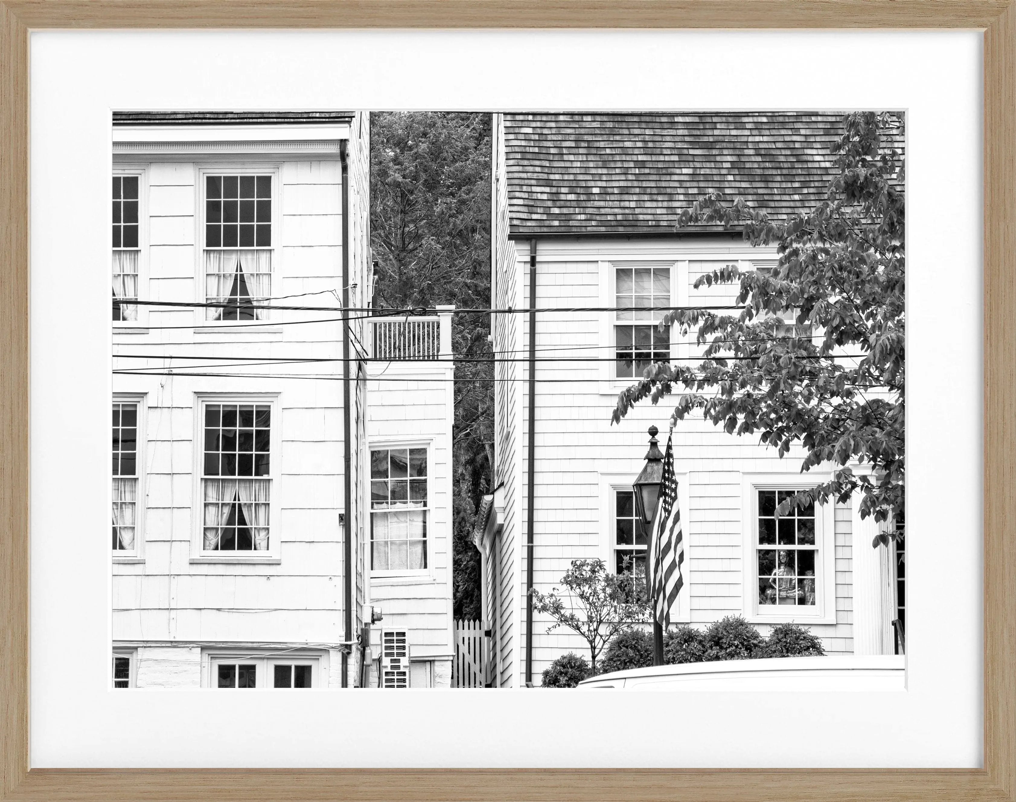 Schwarz-weiß Poster mit Rahmen, Hamptons Long Island Motiv, 31x25 cm, von Cosman-Photocollection.