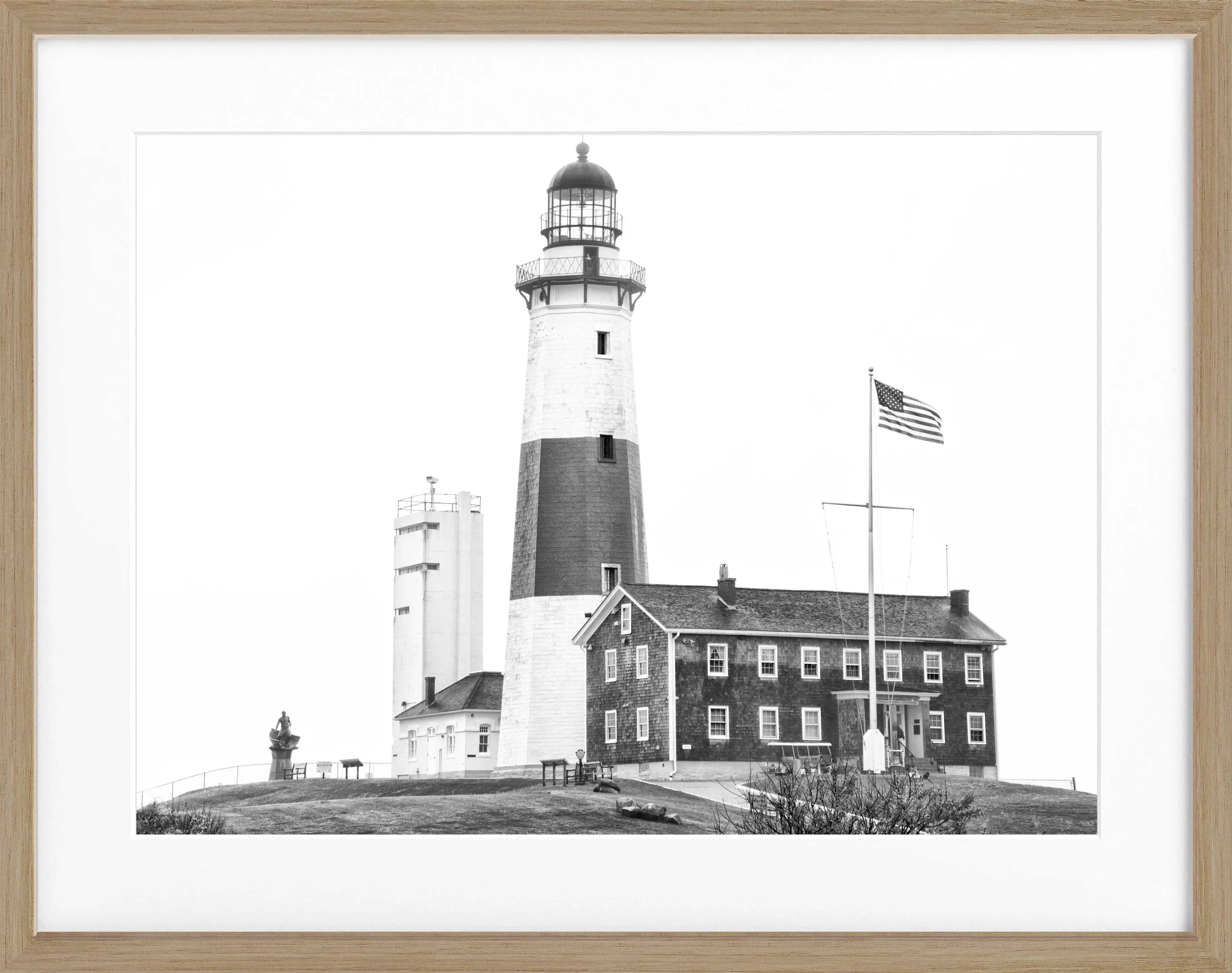 Schwarz-weiß Poster mit Rahmen, Hamptons Montauk Lighthouse Motiv, von Cosman-Photocollection, 31x25 cm
