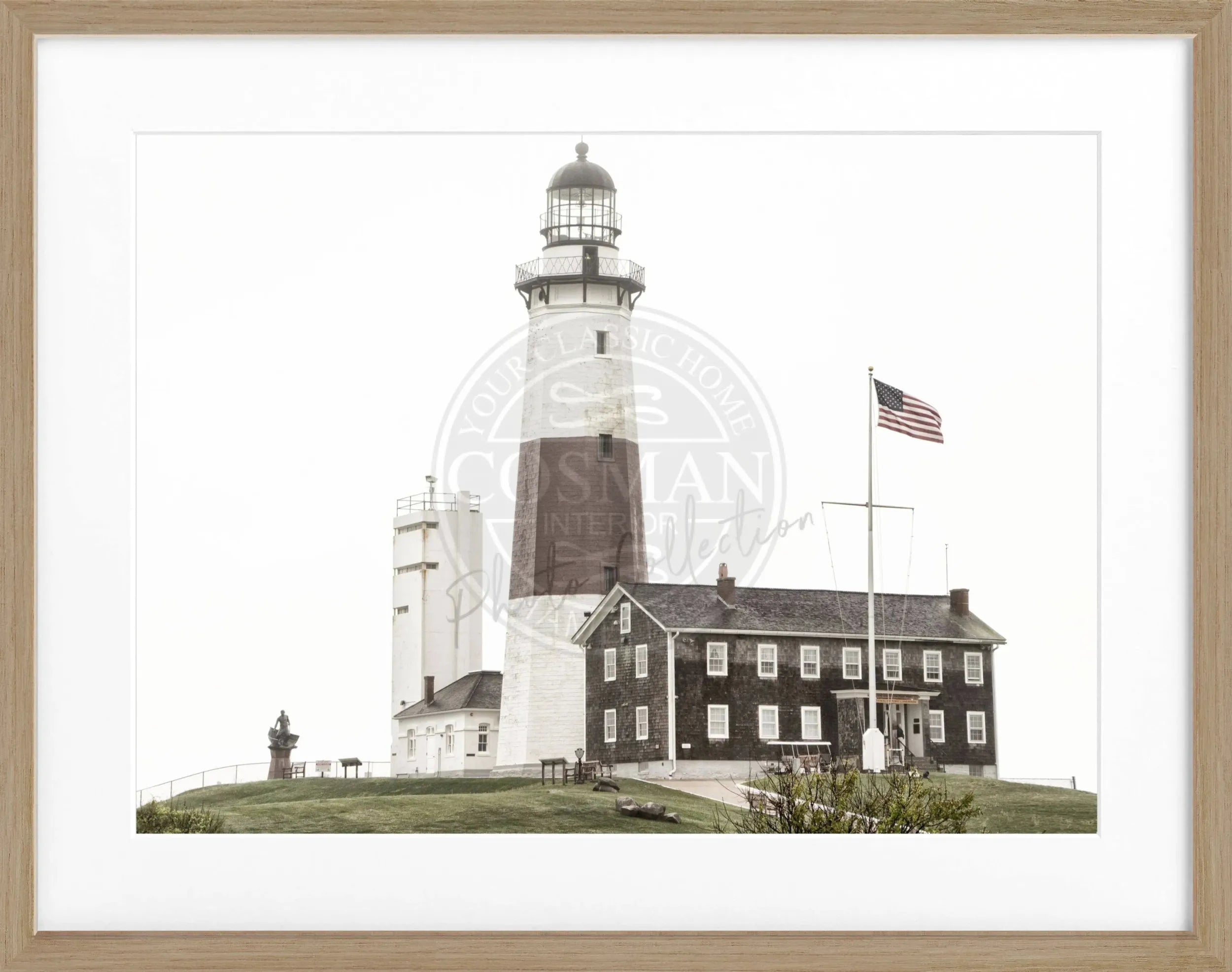 Schwarz-weiß Poster mit Rahmen, Montauk Leuchtturm in den Hamptons, von Cosman-Photocollection, 31x25 cm, Wanddekoration