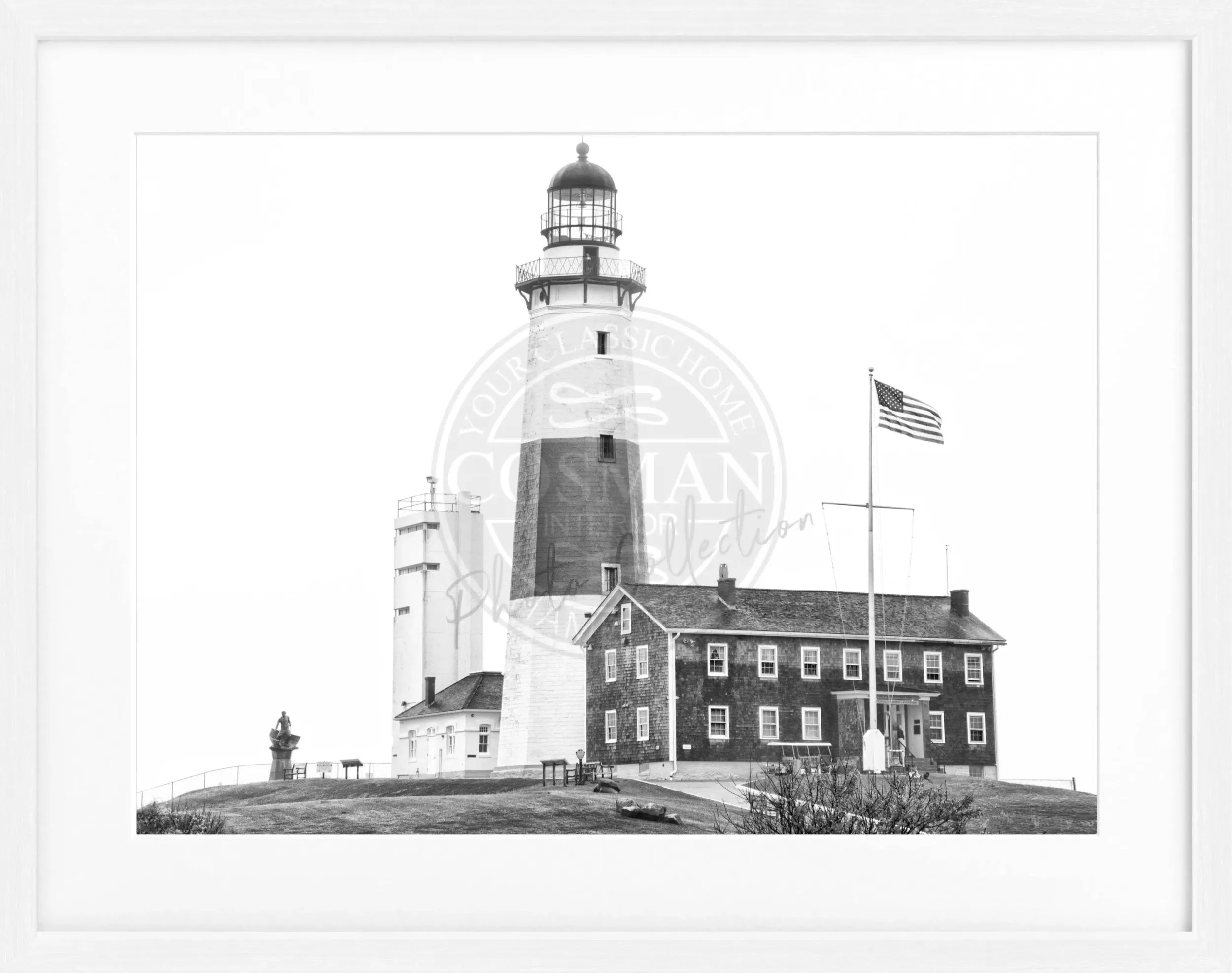 Schwarz-weiß Poster mit Rahmen von Cosman-Photocollection, Montauk Leuchtturm in den Hamptons, 31x25 cm, Wanddekoration