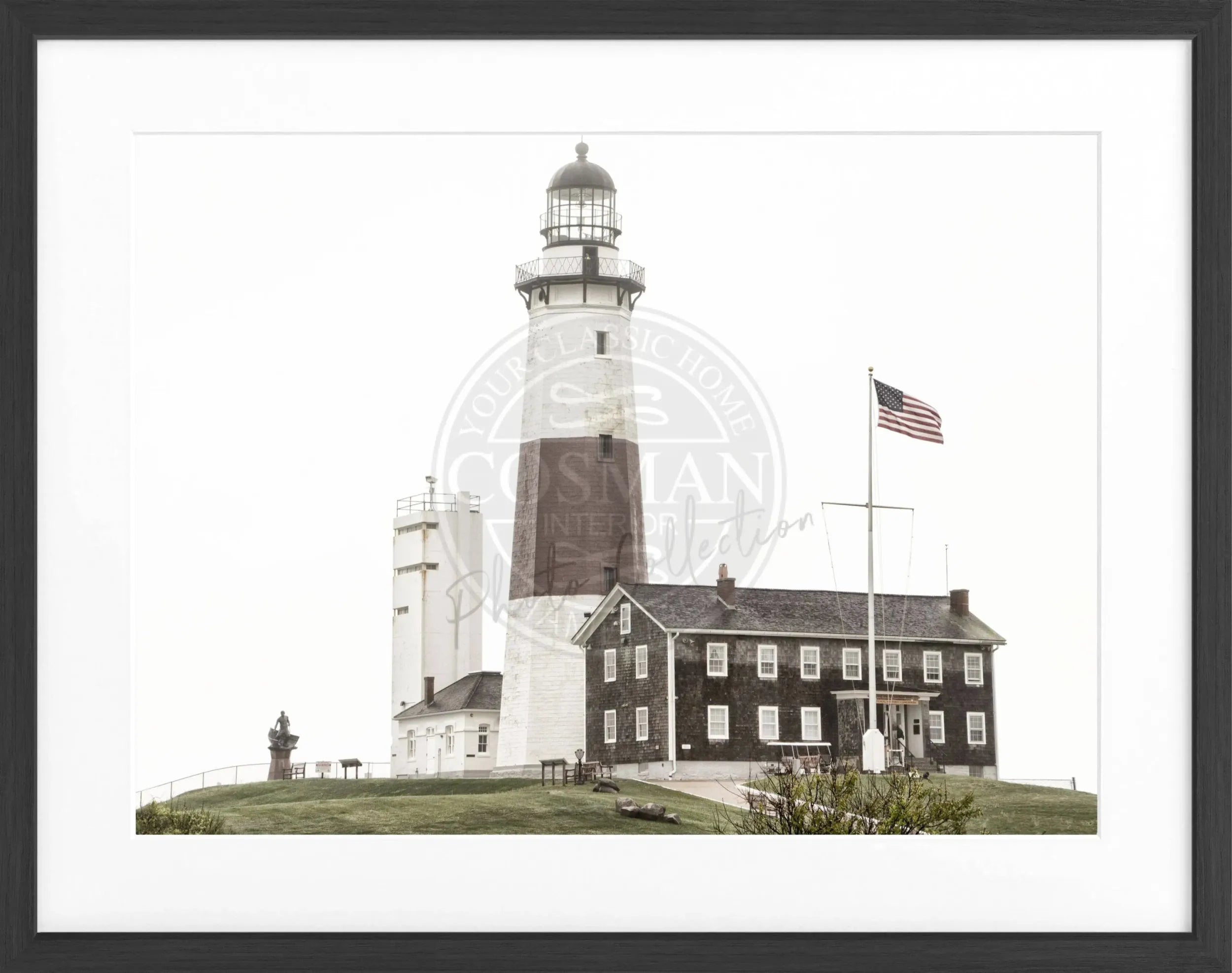 Schwarz-weiß Poster mit Rahmen, Hamptons Montauk Leuchtturm, von Cosman-Photocollection, 31x25 cm, Wanddekoration