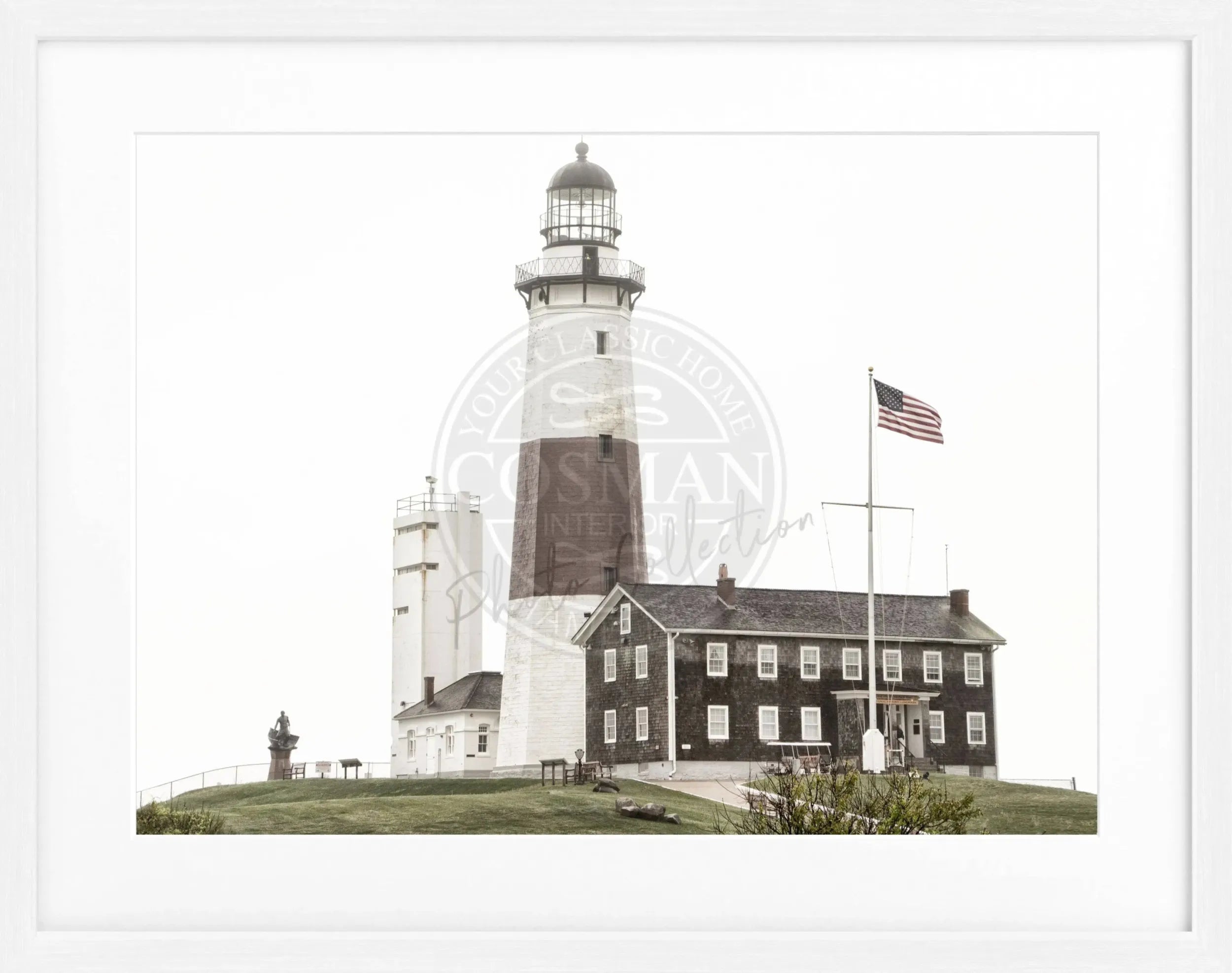 Schwarz-weiß Poster mit Rahmen von Cosman-Photocollection, Montauk Leuchtturm Motiv, 31x25cm, für Hamptons Einrichtung