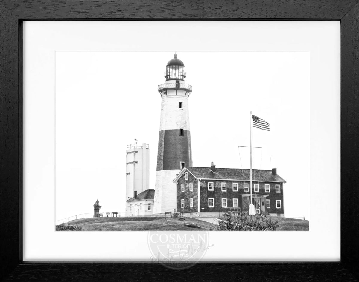 Schwarz-weiß Poster mit Rahmen: Hamptons Montauk Leuchtturm, Cosman-Photocollection, 31x25 cm, dekoratives Wandbild