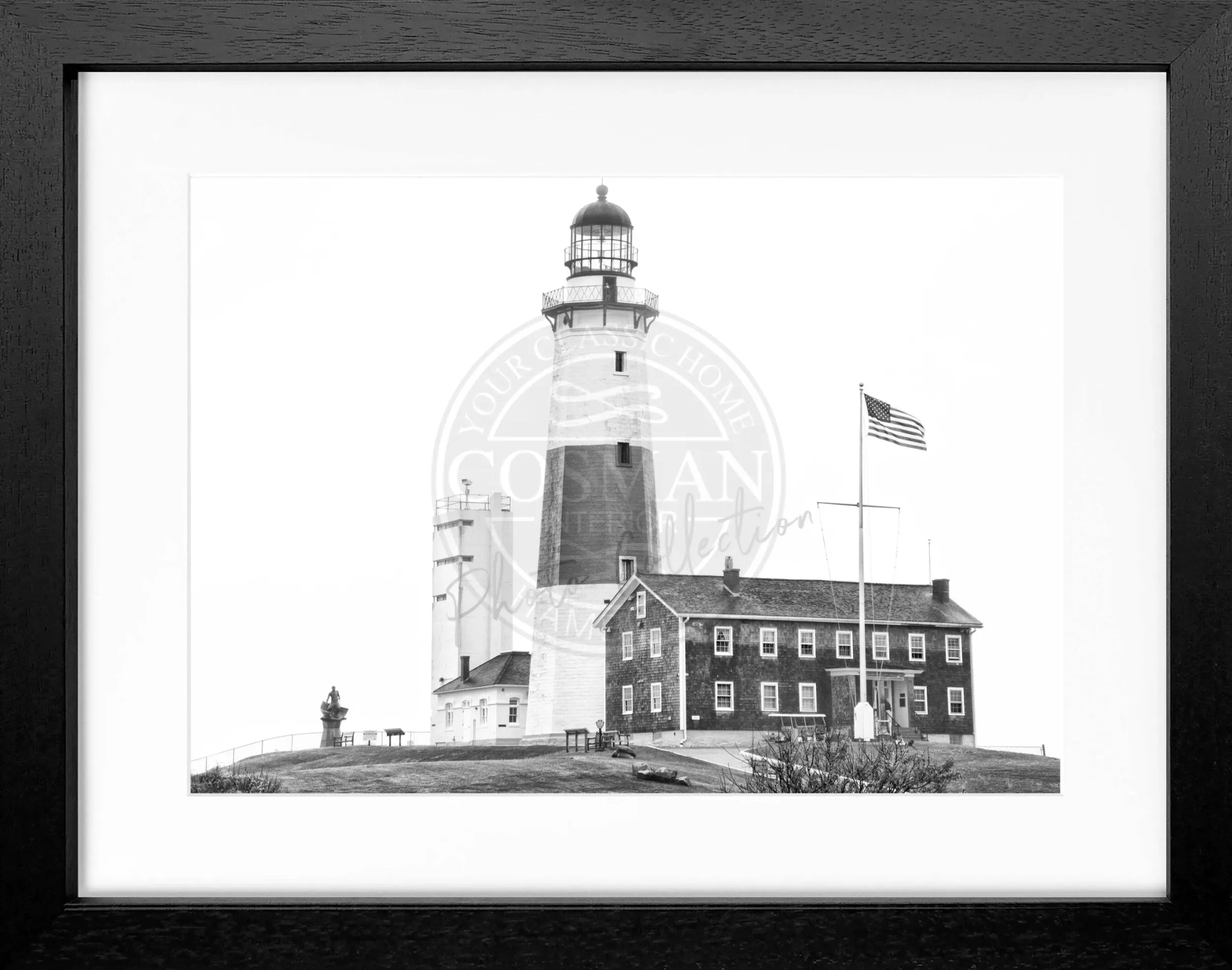 Schwarz-weiß Poster mit Rahmen: Hamptons Montauk Leuchtturm, Cosman-Photocollection, 31x25 cm, dekoratives Wandbild