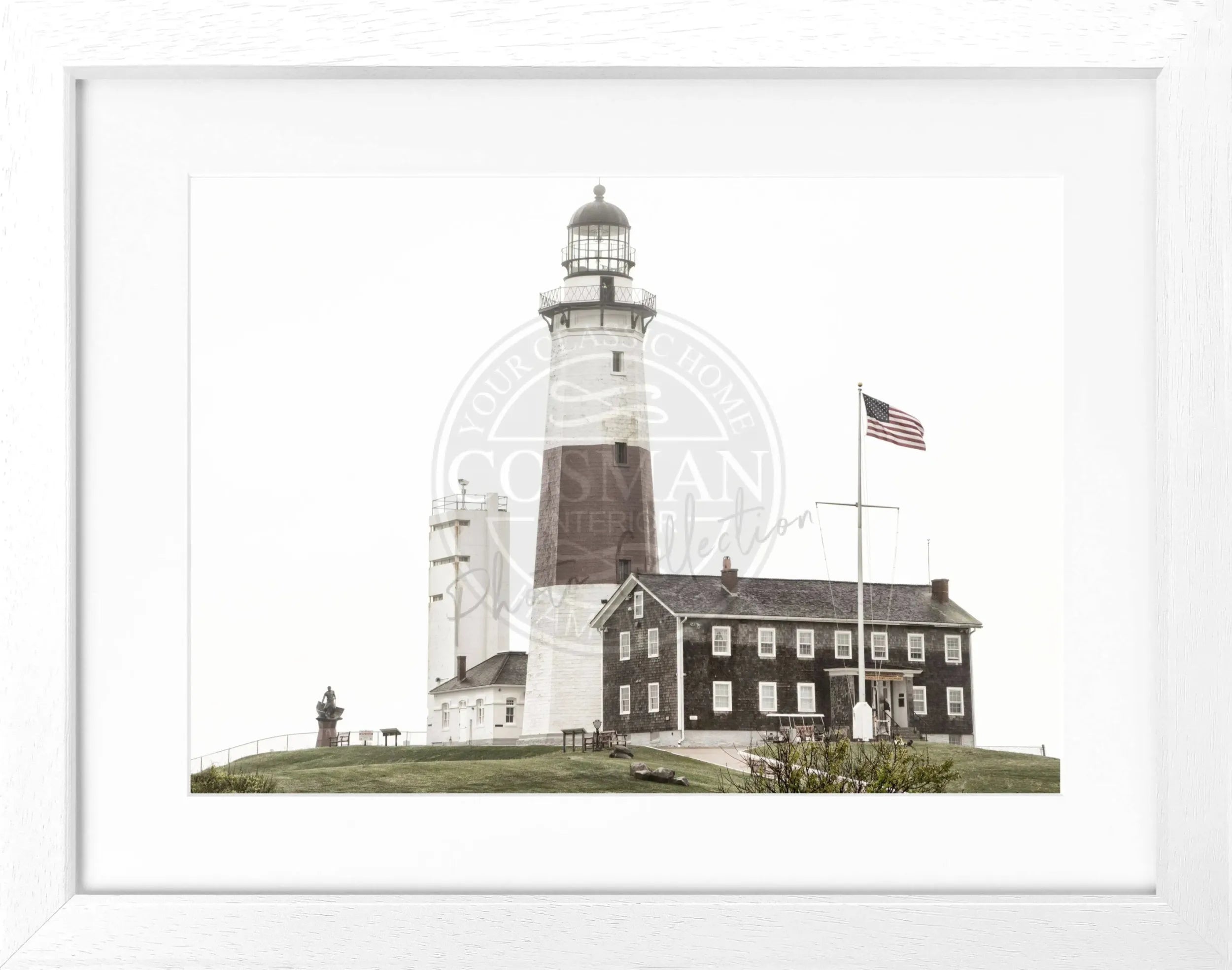 Schwarz-weiß Poster mit Rahmen, Hamptons Montauk Leuchtturm, von Cosman-Photocollection, 31x25 cm, Wanddekoration