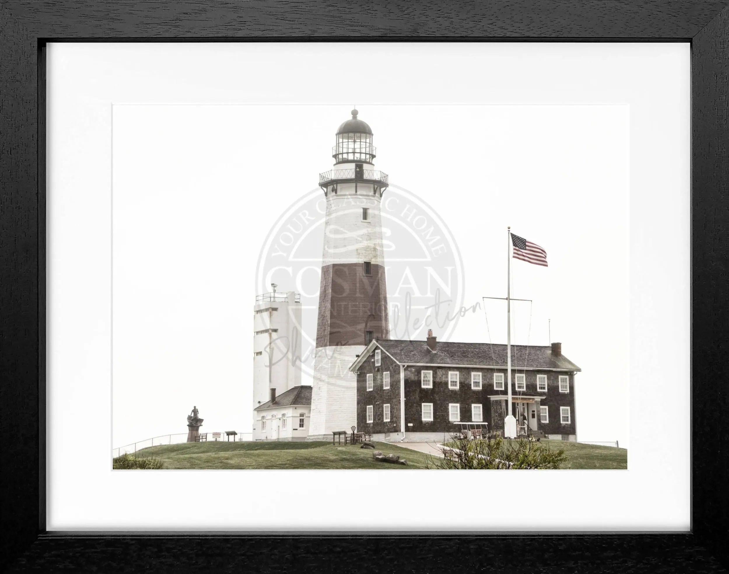 Schwarz-weiß Poster mit Rahmen, Hamptons Montauk Leuchtturm, Cosman-Photocollection, 31x25cm, dekoratives Wandbild