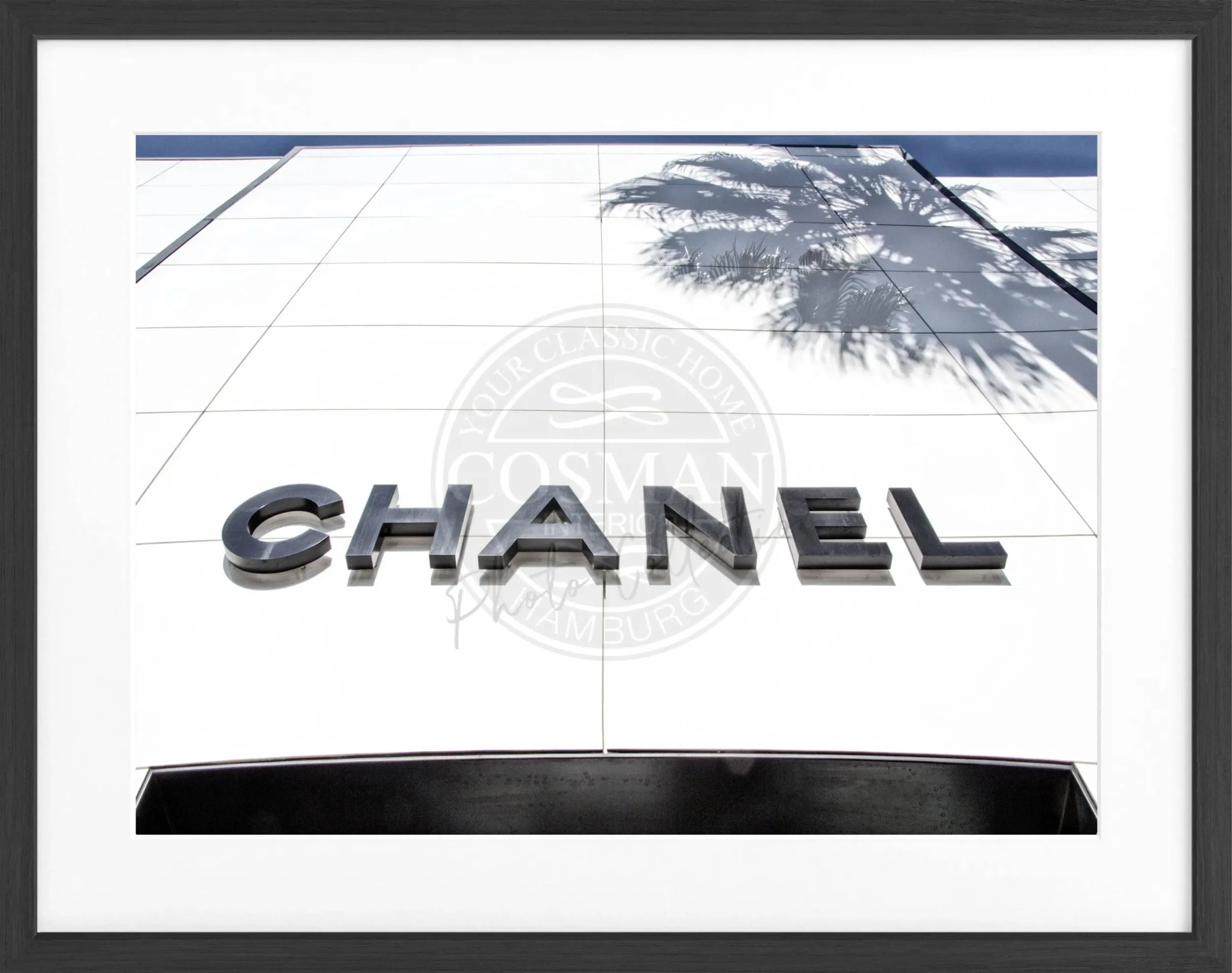 Schwarz-weiß Poster mit Rahmen, Kalifornien Beverly Hills, Chanel-Motiv, 31x25cm, von Cosman-Photocollection, stilvolle Wanddekoration