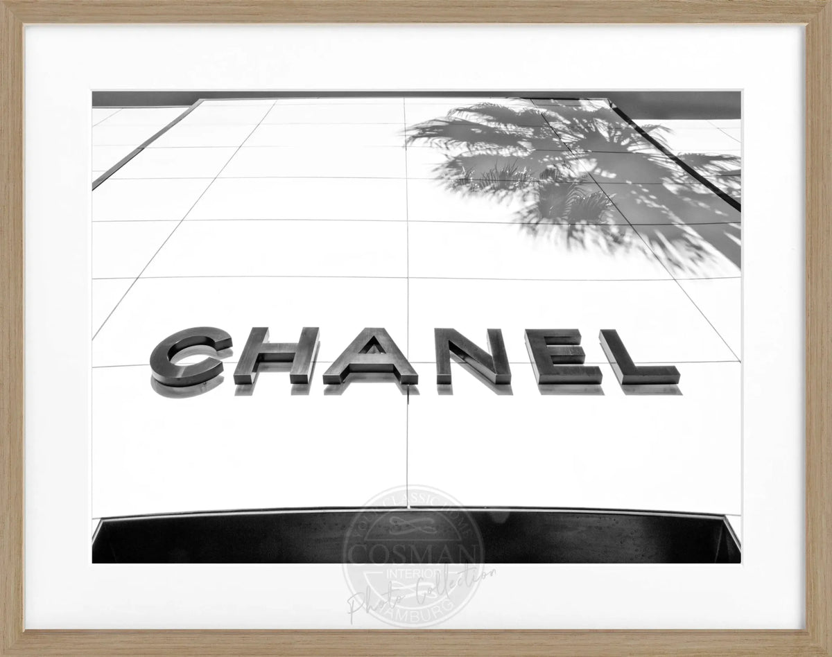 Schwarzer Poster mit Rahmen, Kalifornien Beverly Hills und Chanel-Motiv, von Cosman-Photocollection, 31x25 cm, schwarz-weiß