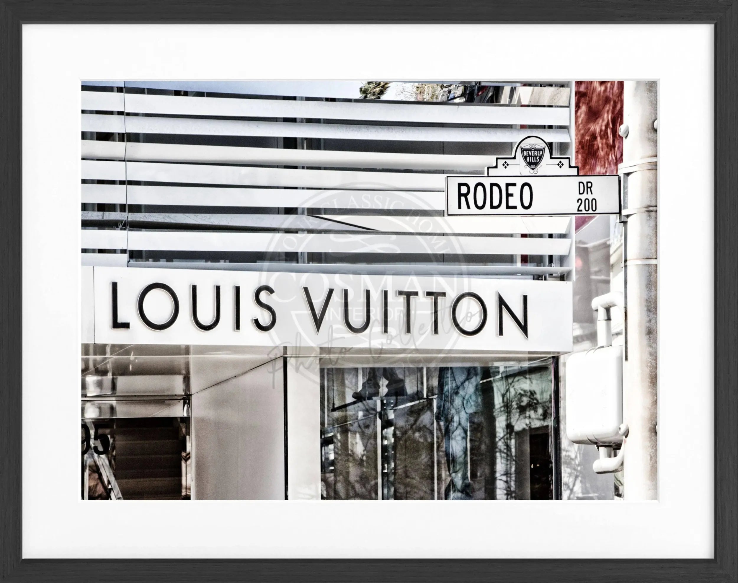 Schwarz-weiß Poster mit Rahmen, Kalifornien Beverly Hills, Louis Vuitton Motiv, 31x25 cm, von Cosman-Photocollection
