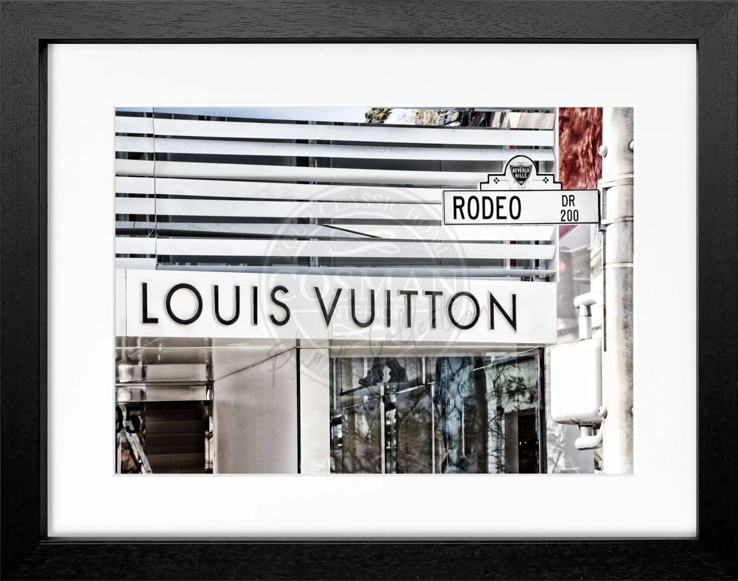Schwarz-weiß Poster mit Rahmen, Kalifornien Beverly Hills, Louis Vuitton Motiv, von Cosman-Photocollection, 31x25cm