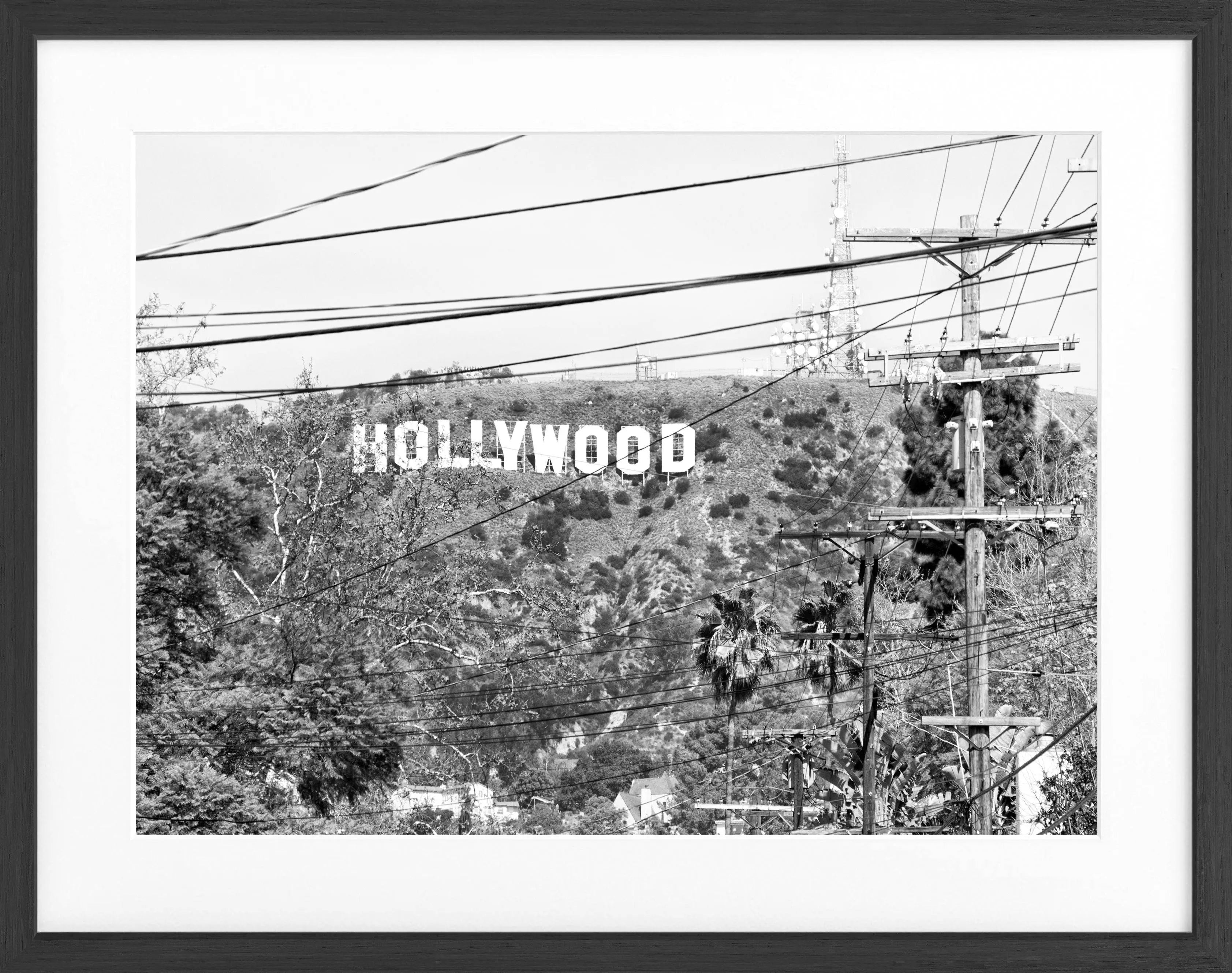 Schwarz-weiß Poster mit Rahmen, Kalifornien Hollywood ’Sign’ Motiv, von Cosman-Photocollection, 31x25 cm