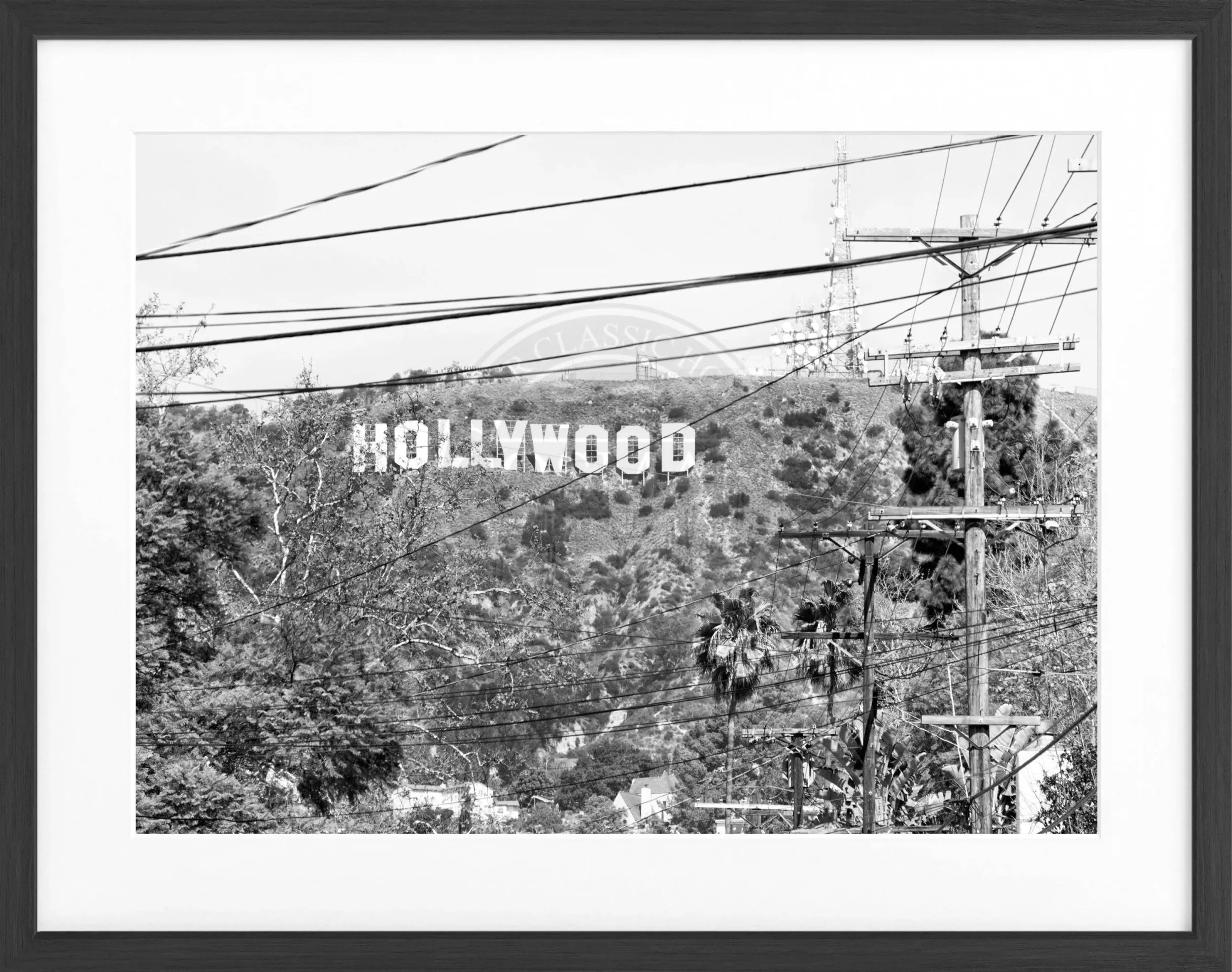 Schwarz-weiß Poster mit Rahmen, Kalifornien Hollywood ’Sign’ Motiv, 31x25 cm, von Cosman-Photocollection